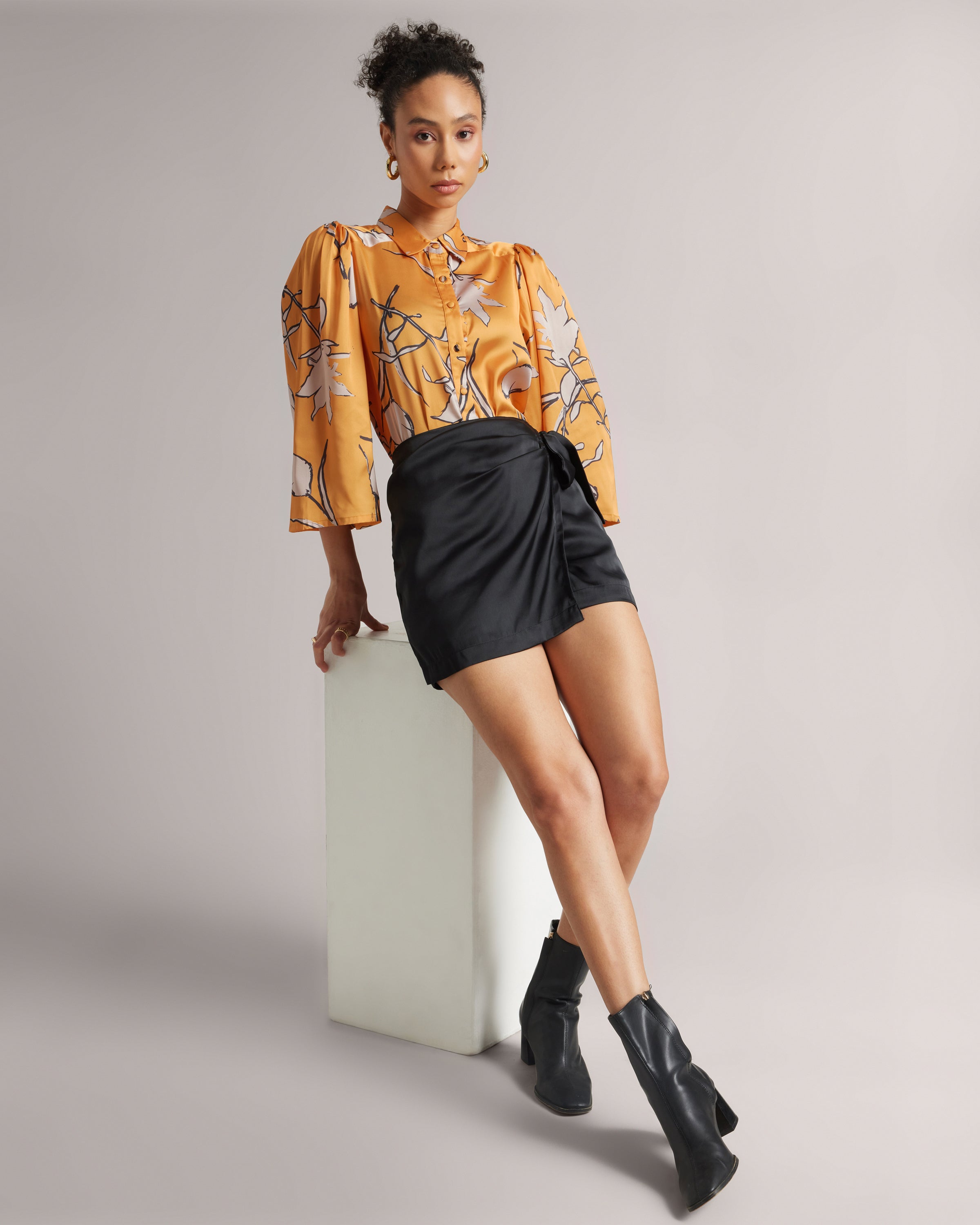 Amber Yellow Abstract Print Satin Shirt