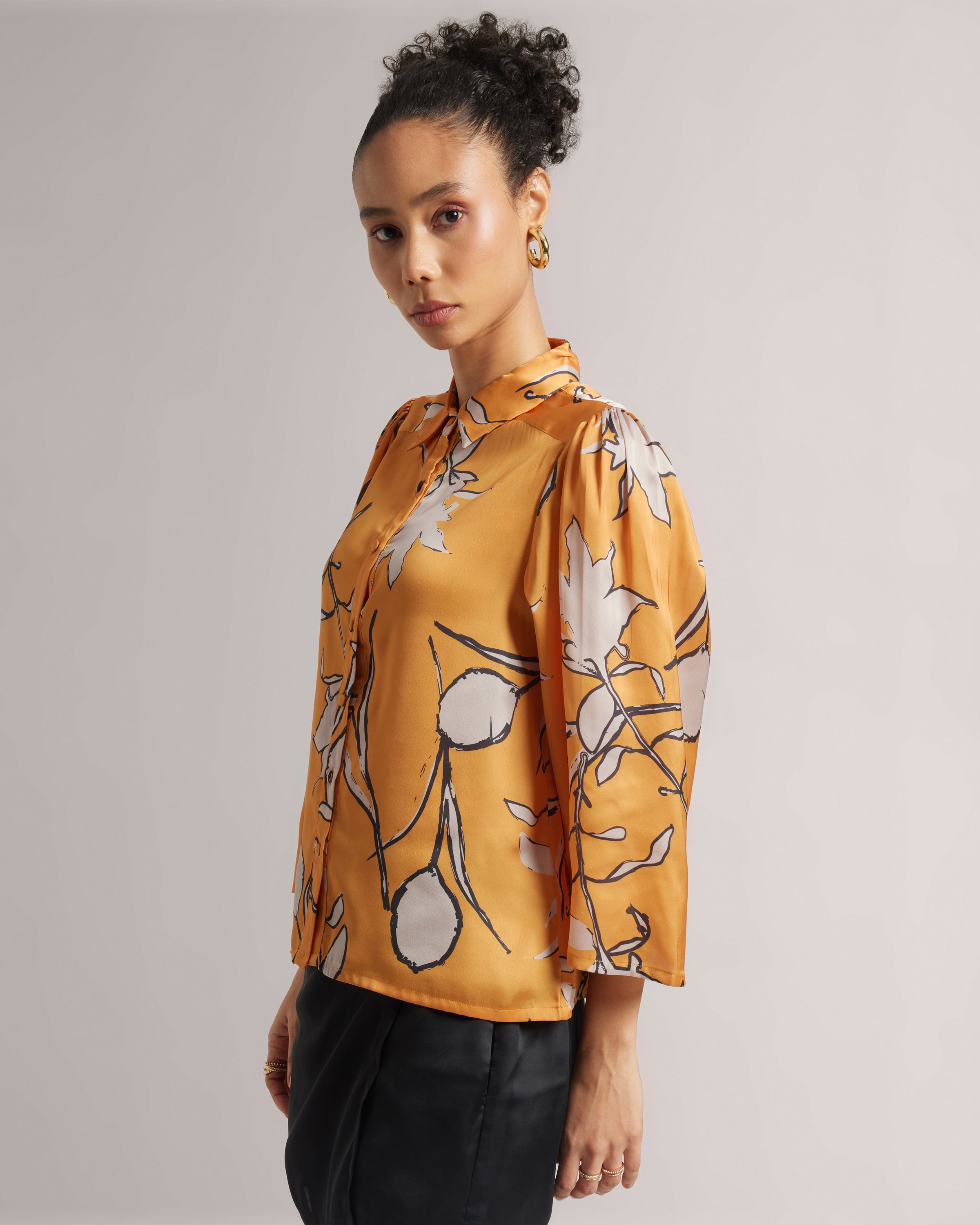 Amber Yellow Abstract Print Satin Shirt