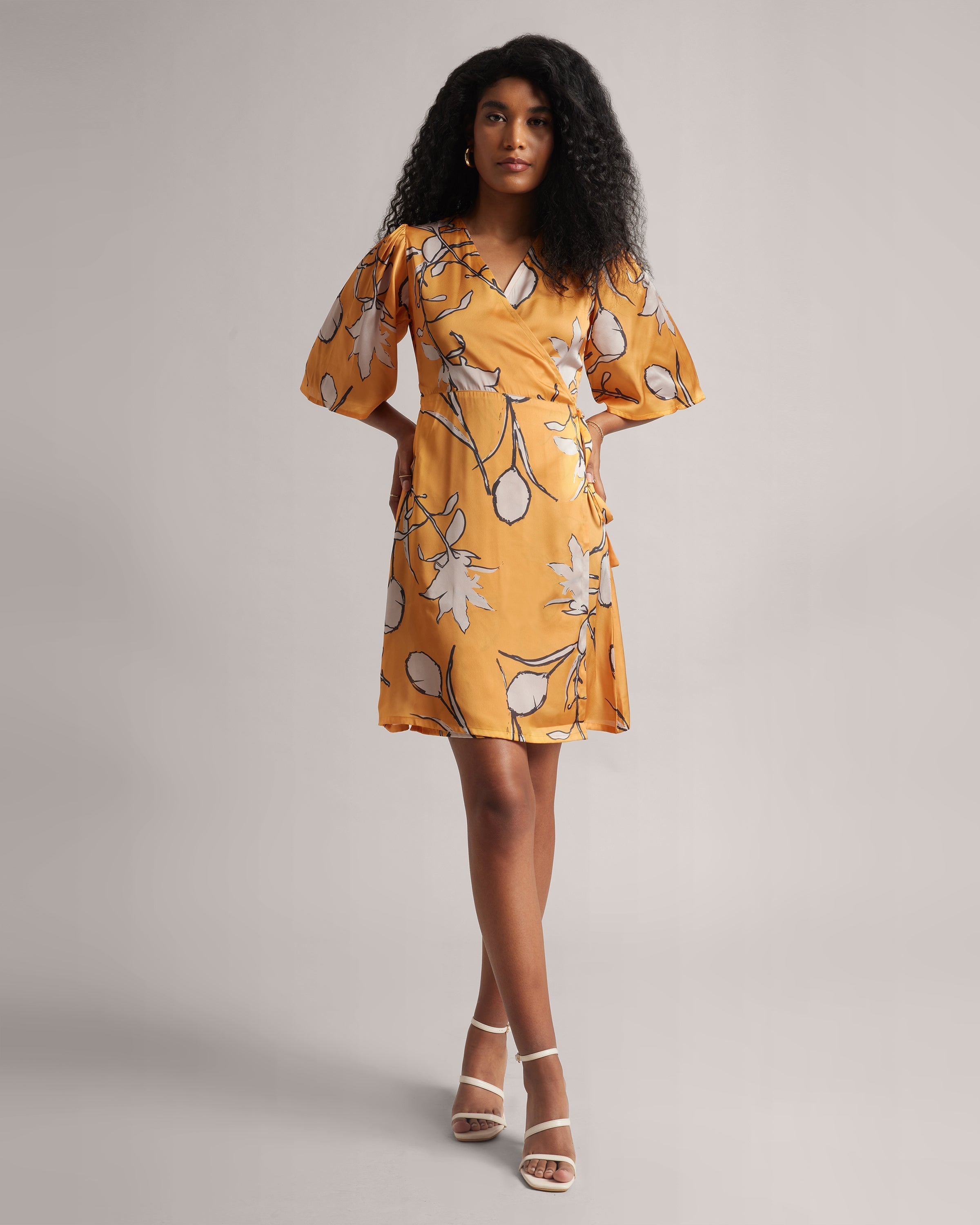 Amber Yellow Abstract Print Wrap Tie-Up Dress