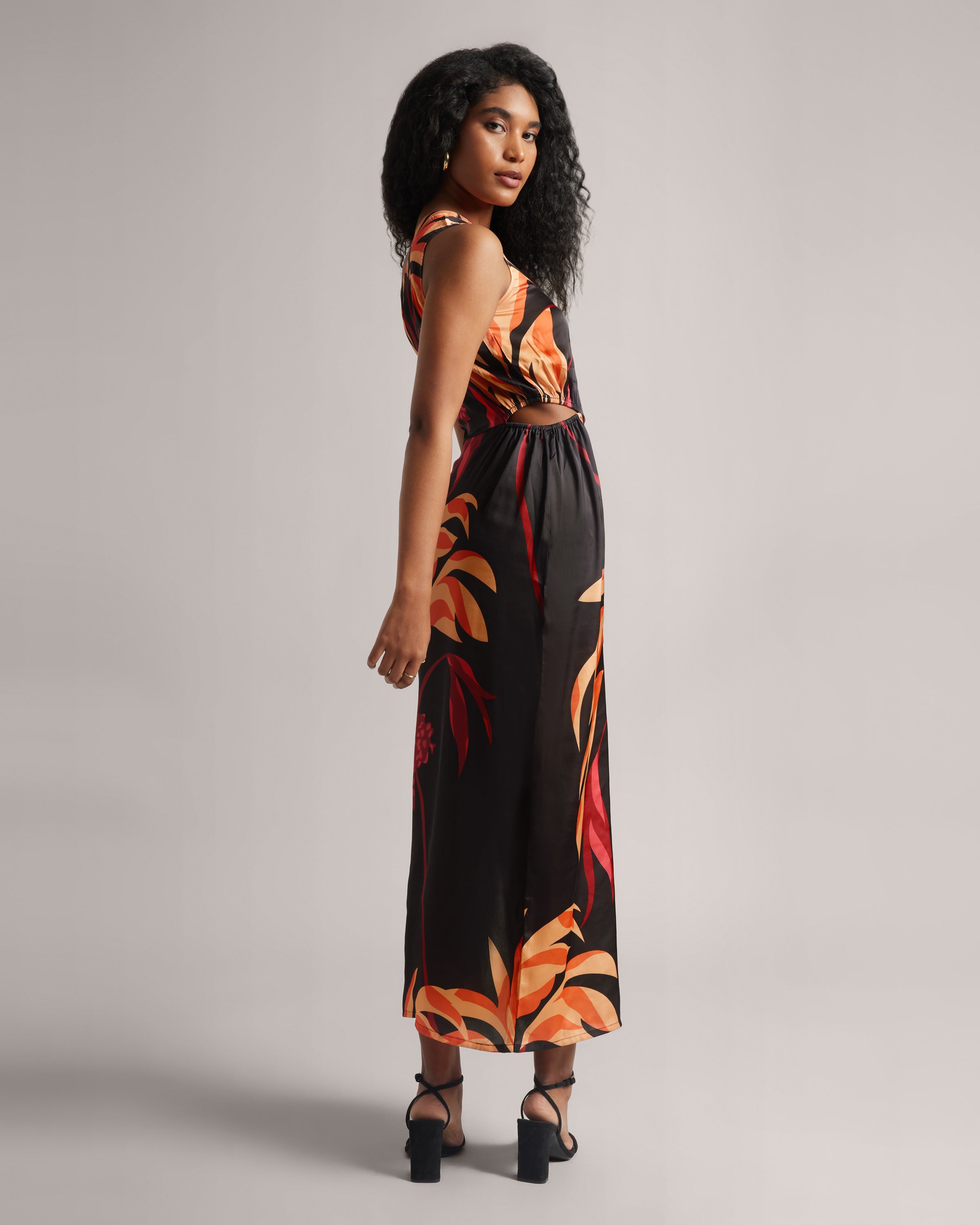 Black Fiery Printed One-Shoulder Slit Maxi Dress