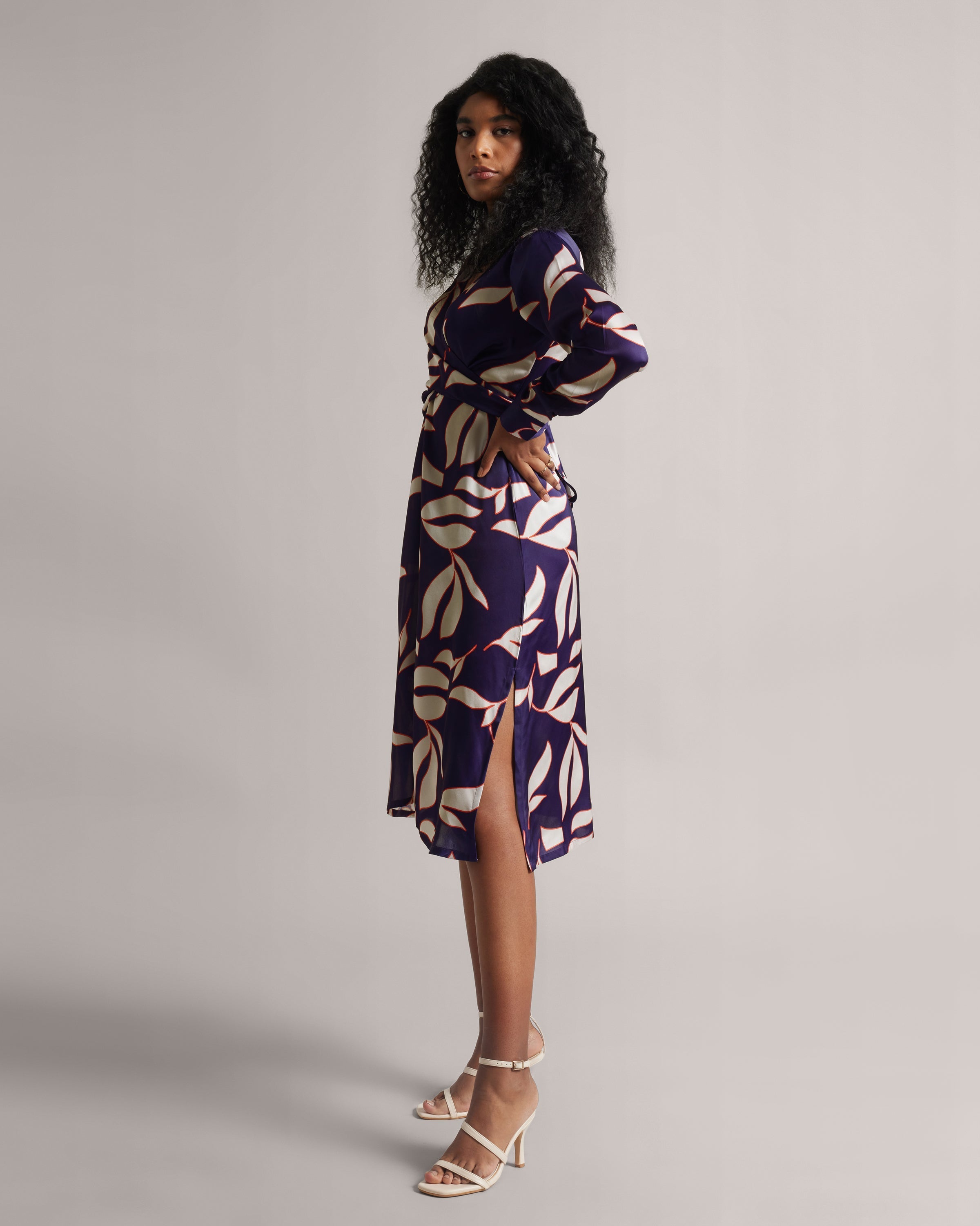 Purple Floral Drape Back Tie-Up Dress With Side Slit