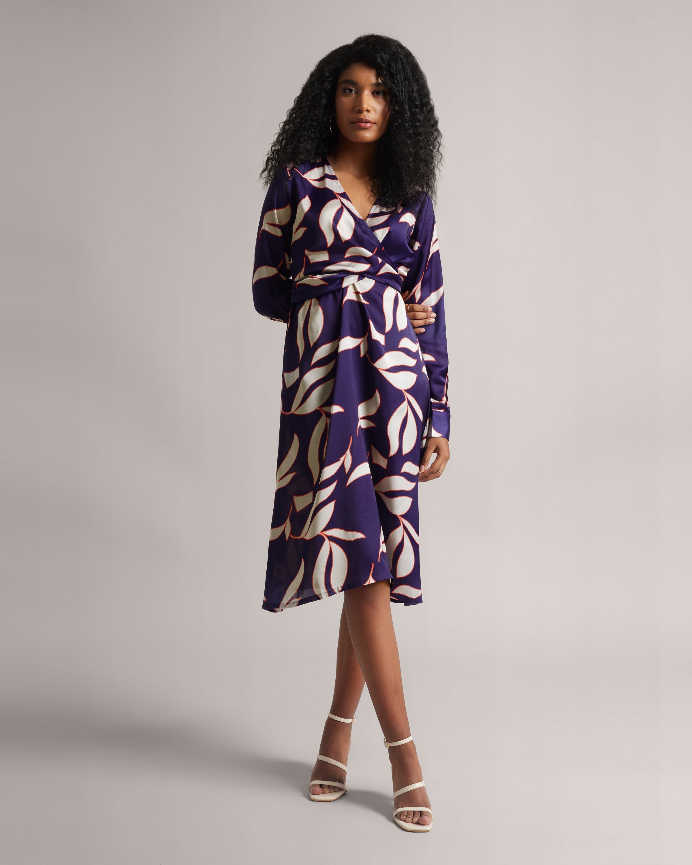 Purple Floral Drape Back Tie-Up Dress With Side Slit