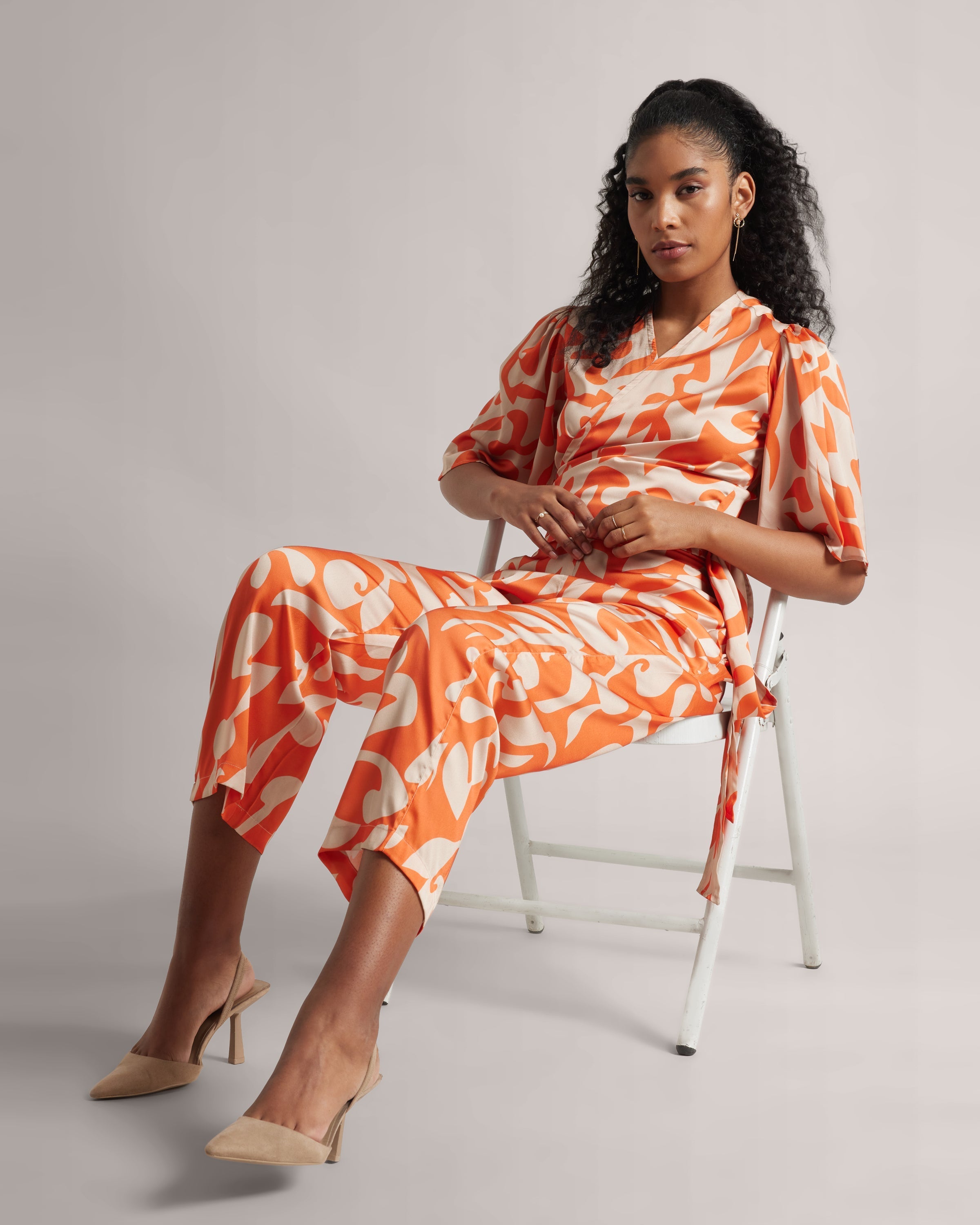 Abstract Print Orange Co-Ord Set with Side Tie-Up