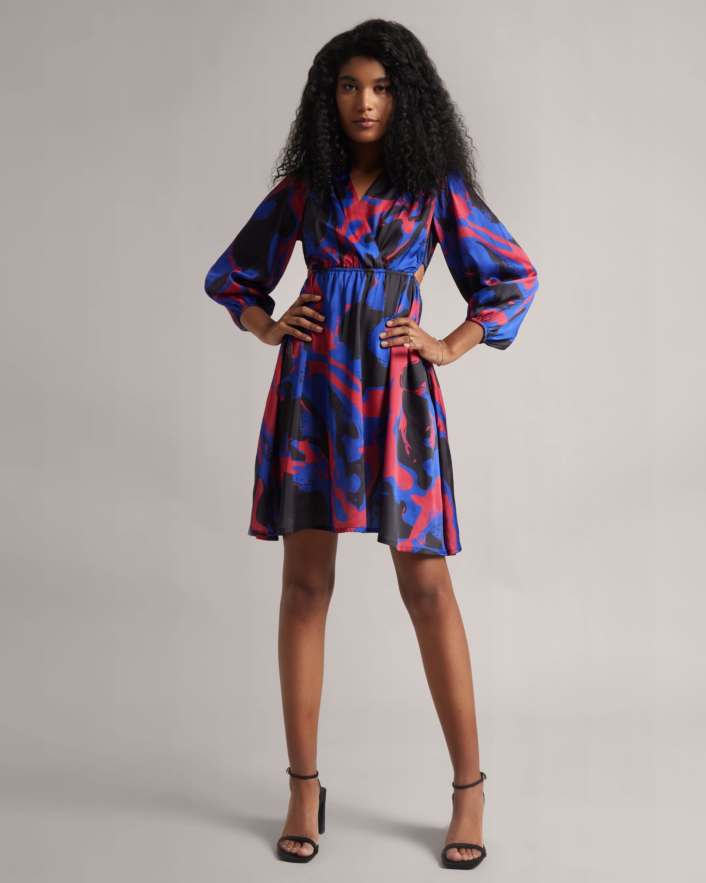 Royal Blue Print Cut-Out Wrap Dress