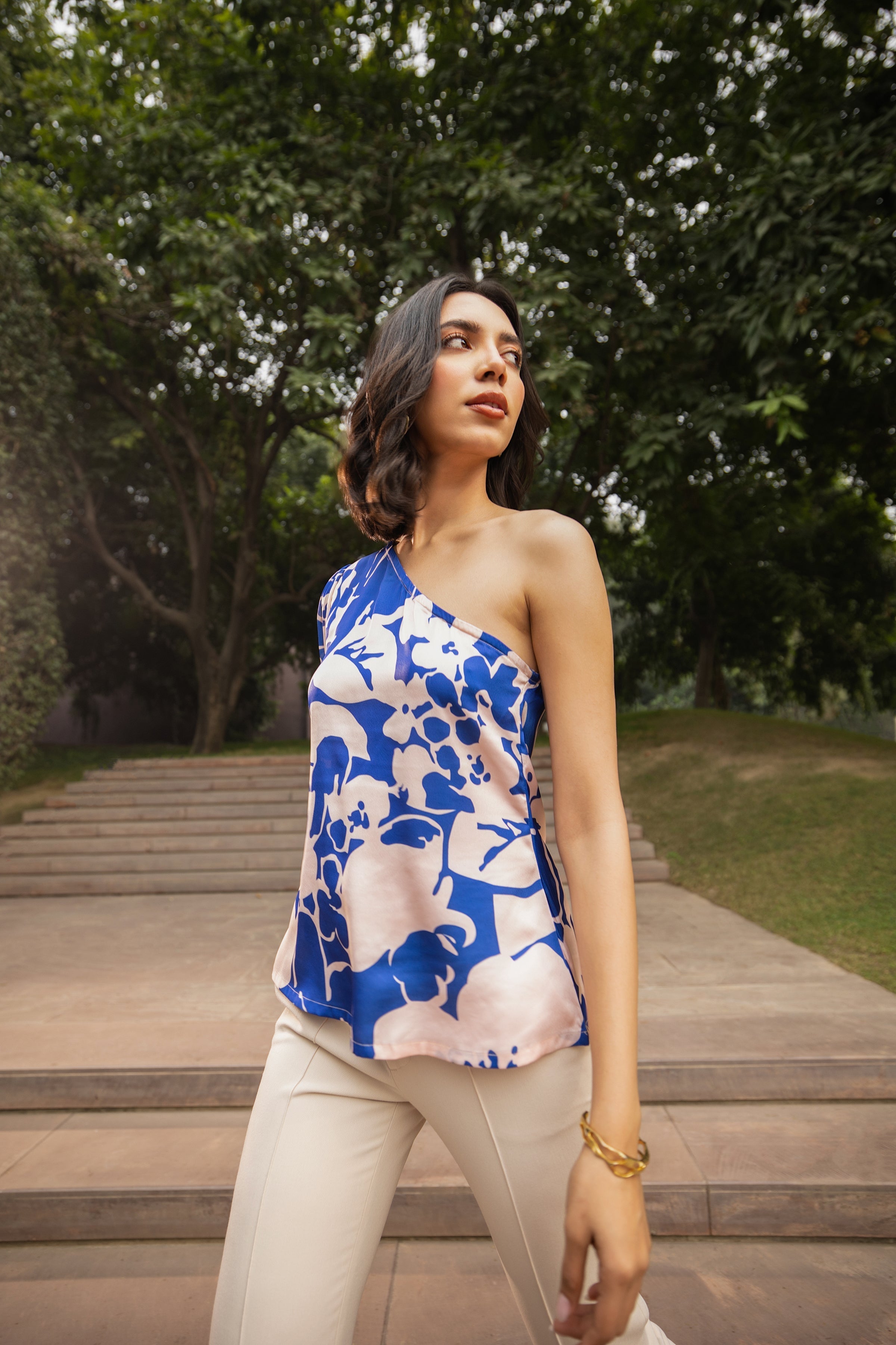 Royal Blue Abstract One-Shoulder A-Line Top