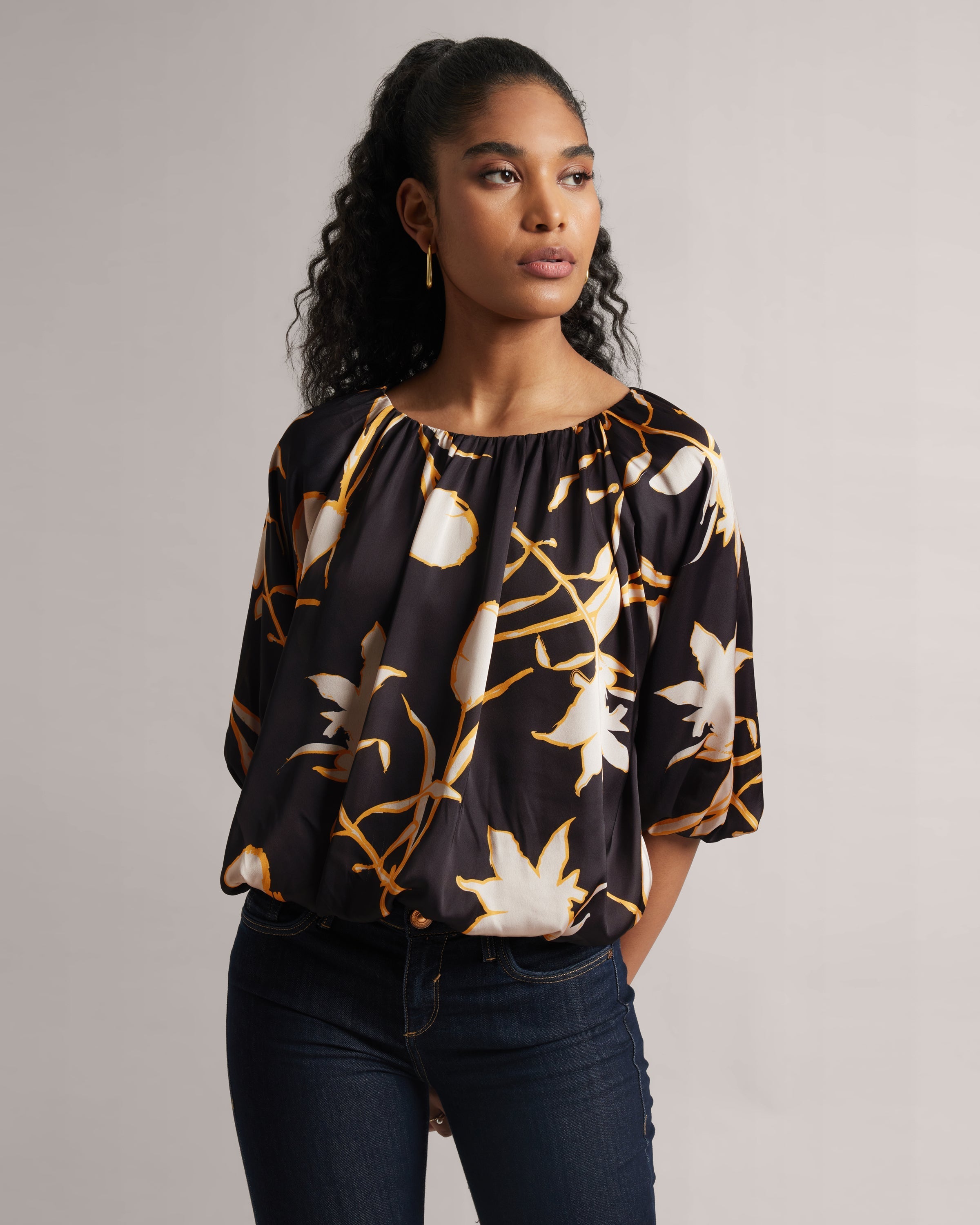 Black Abstract Floral Boatneck Top