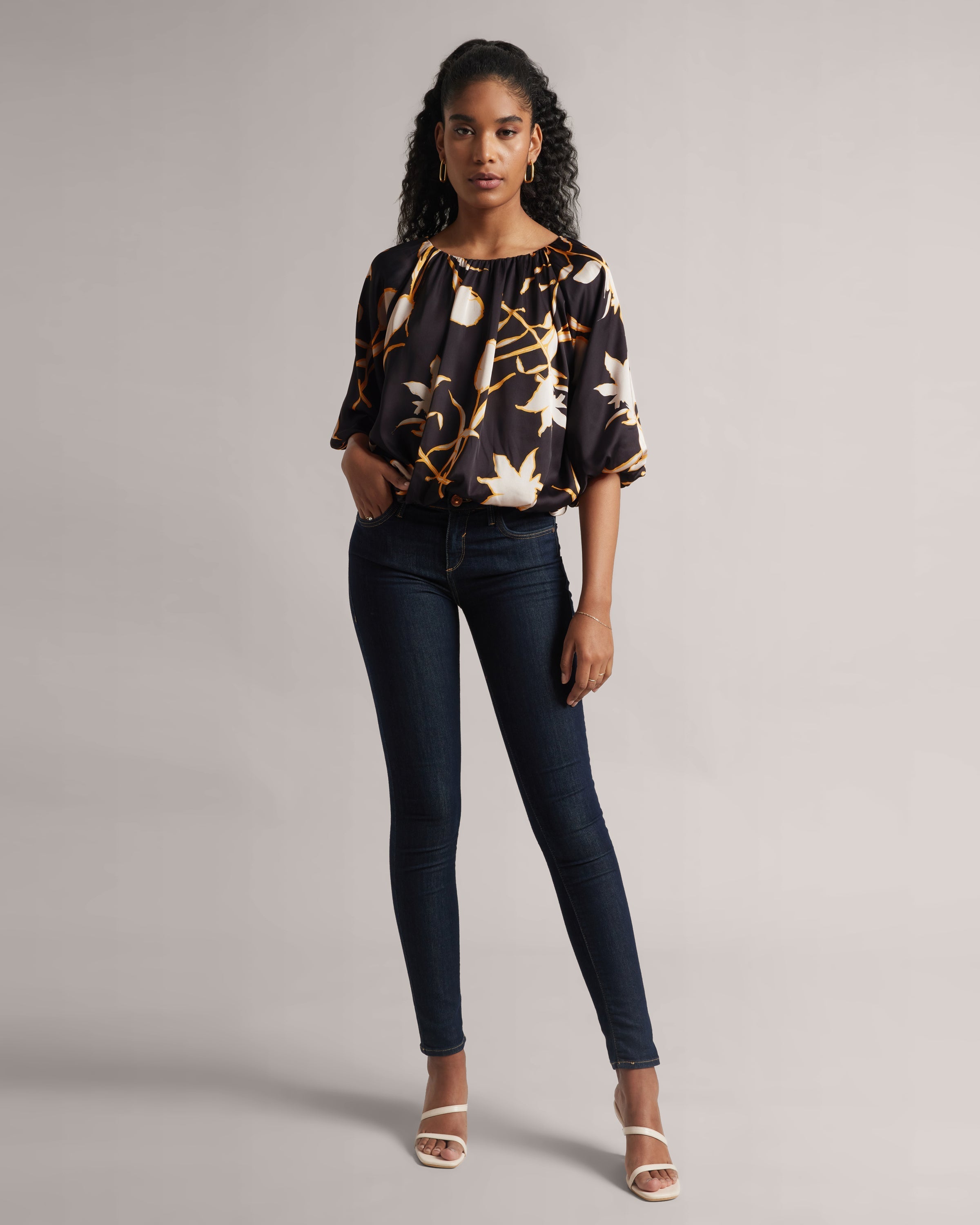 Black Abstract Floral Boatneck Top