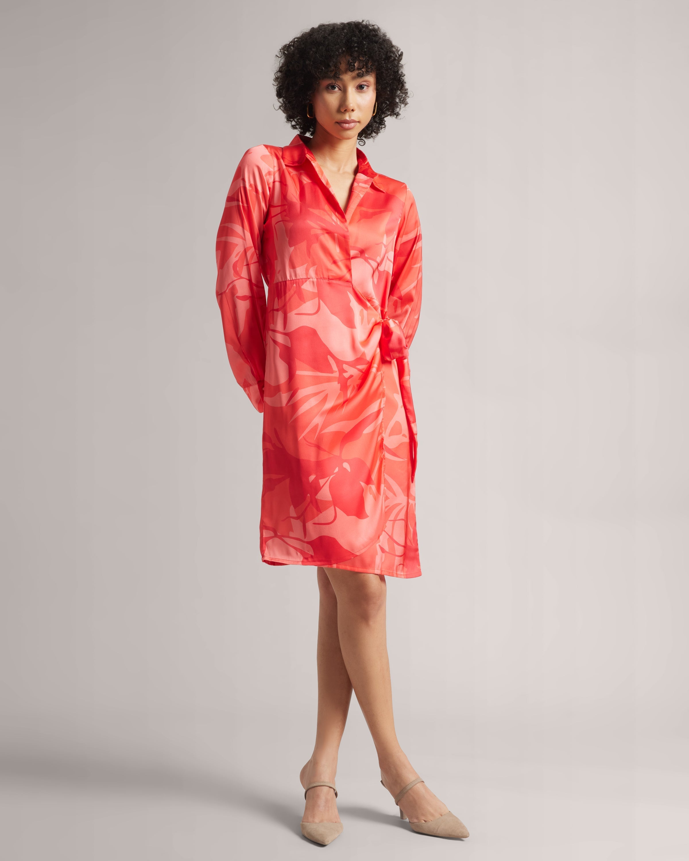 Peach Abstract Floral Wrap Dress