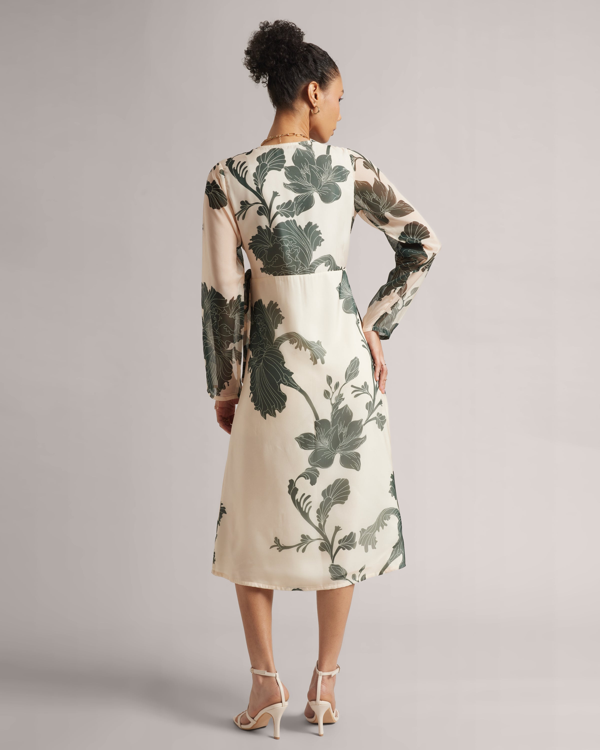 Cream Wrap Dress With Green Floral Print