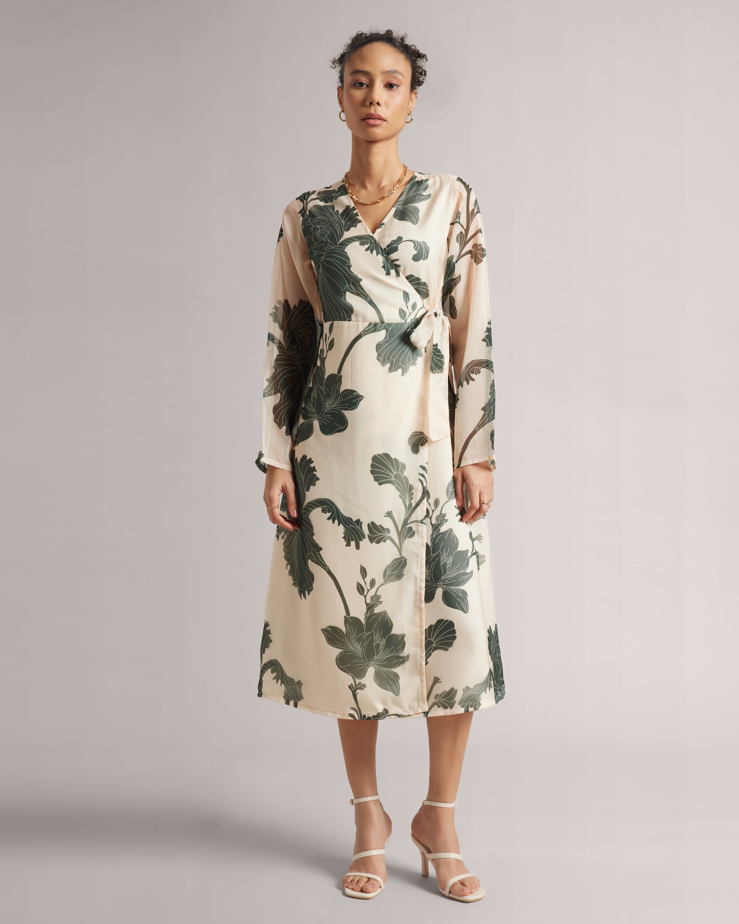 Cream Wrap Dress With Green Floral Print