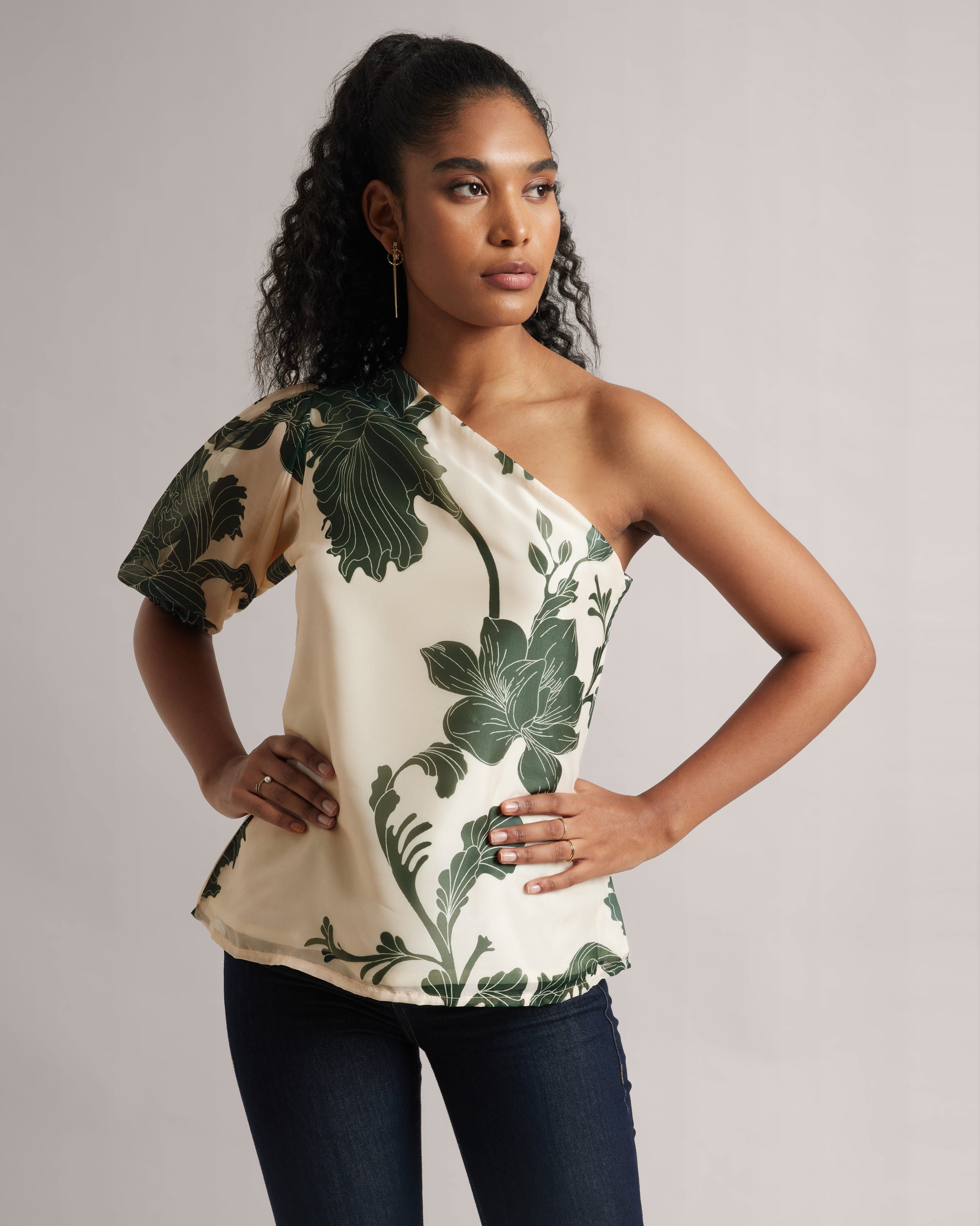 Cream  One-Shoulder A-Line Top With Green Floral Print