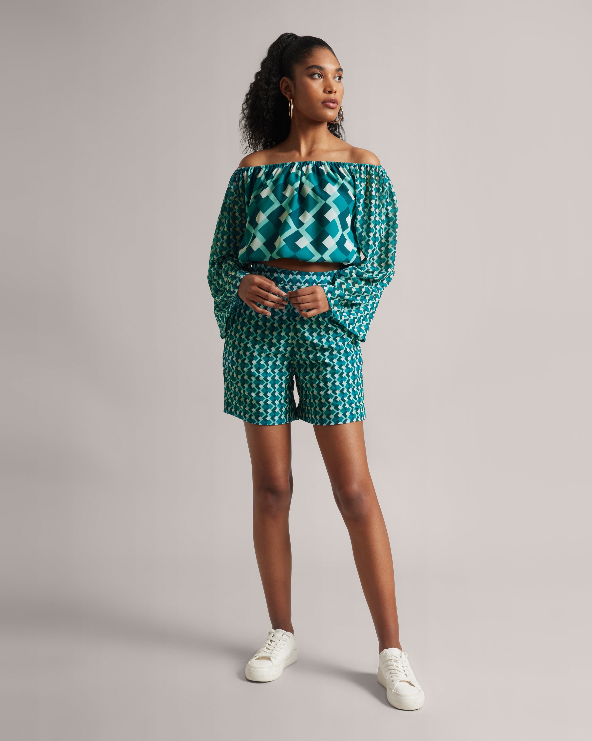 Teal Off-Shoulder Geometric Co-Ord Set