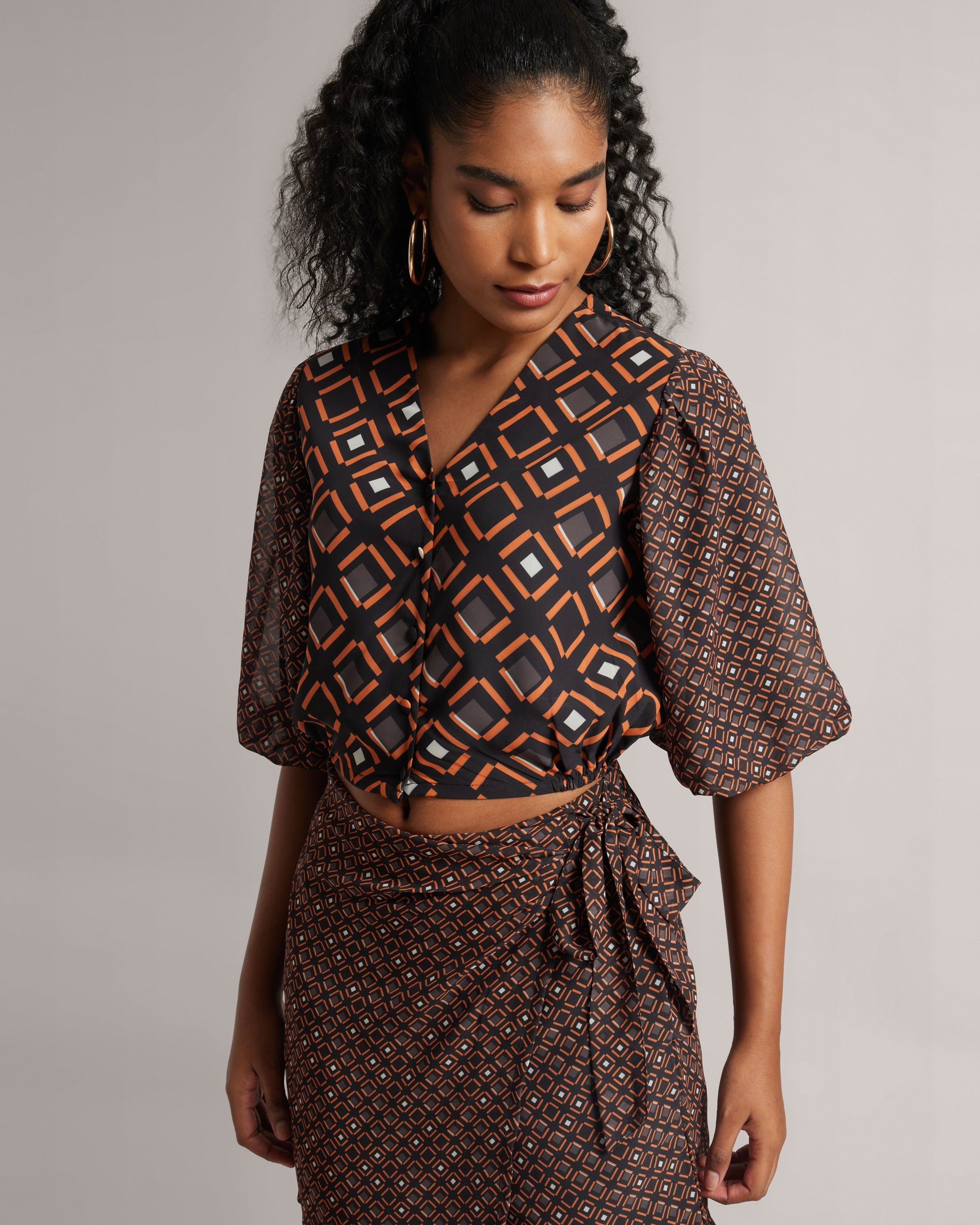 Black and Orange Geometric Print Top and Skort Co-Ord Set