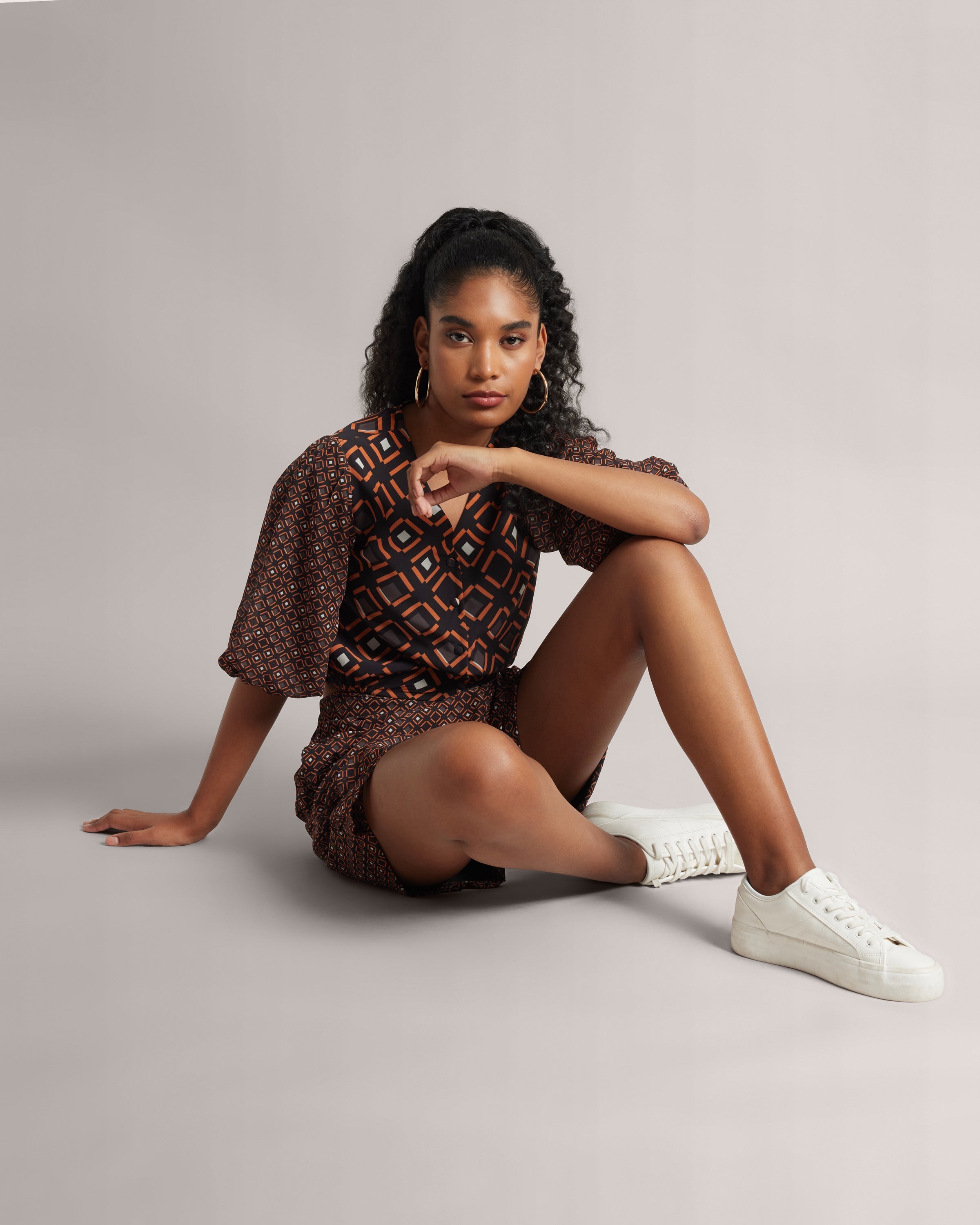 Black and Orange Geometric Print Top and Skort Co-Ord Set