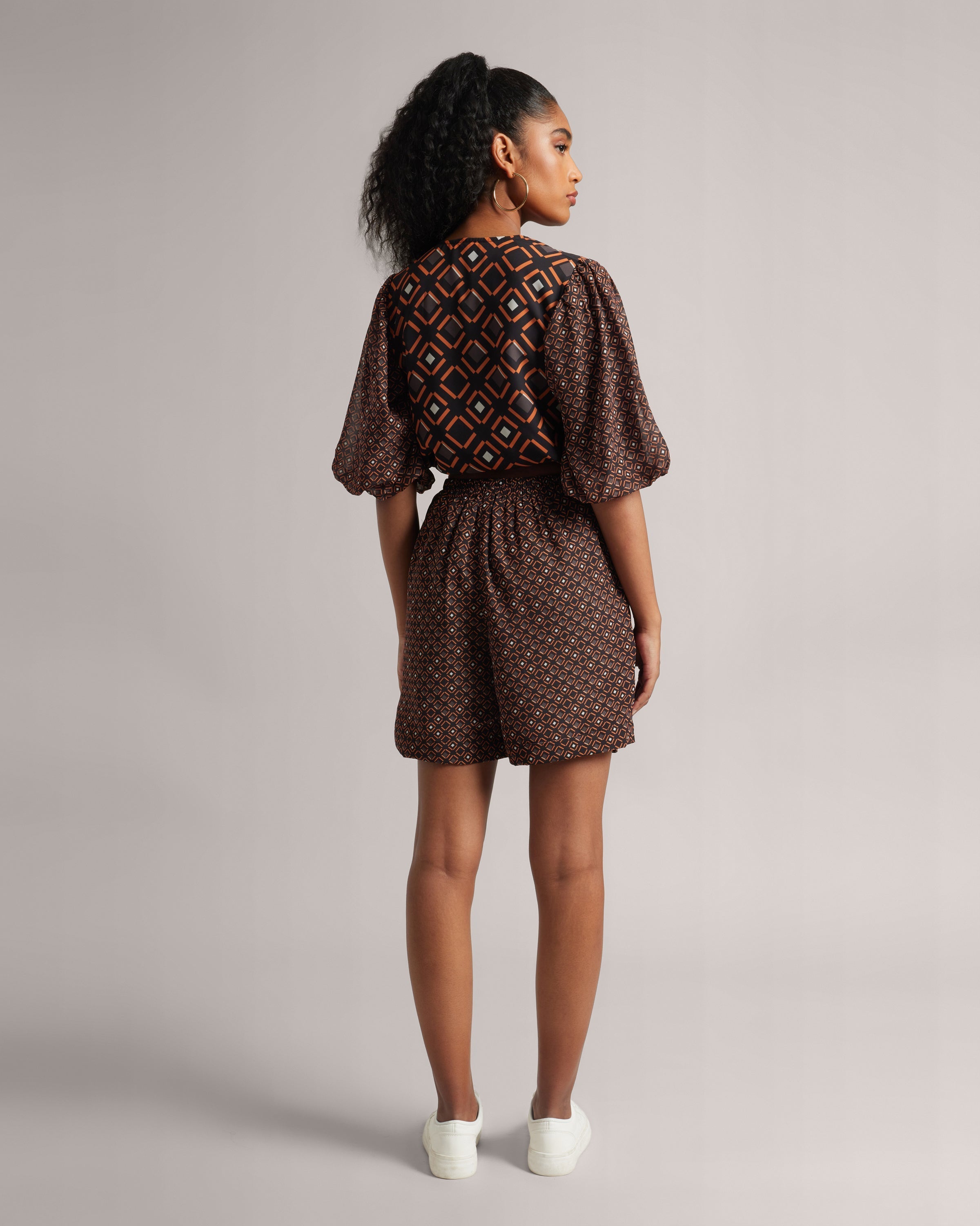 Black and Orange Geometric Print Top and Skort Co-Ord Set