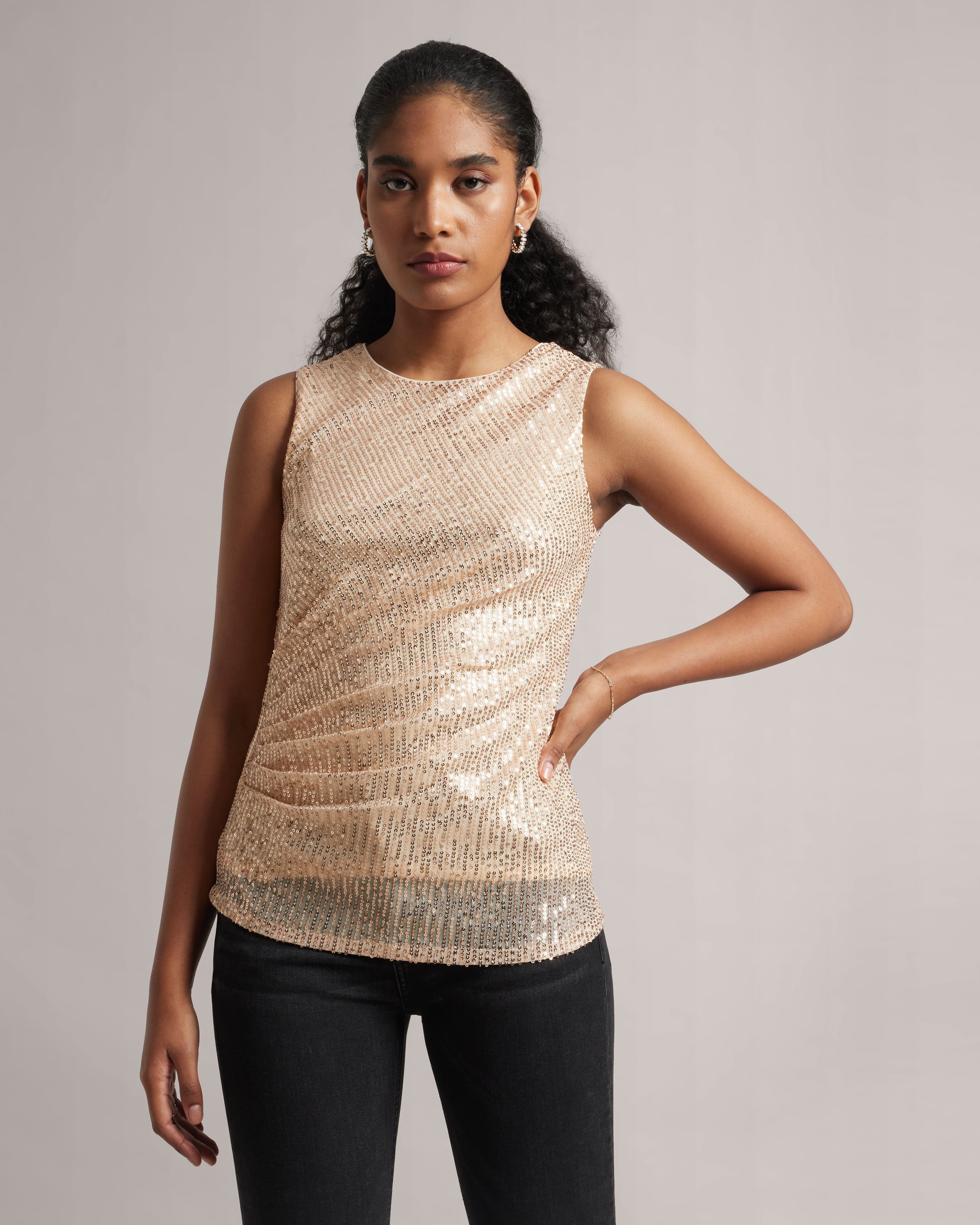 Champagne Beige Sequin Ruched Top