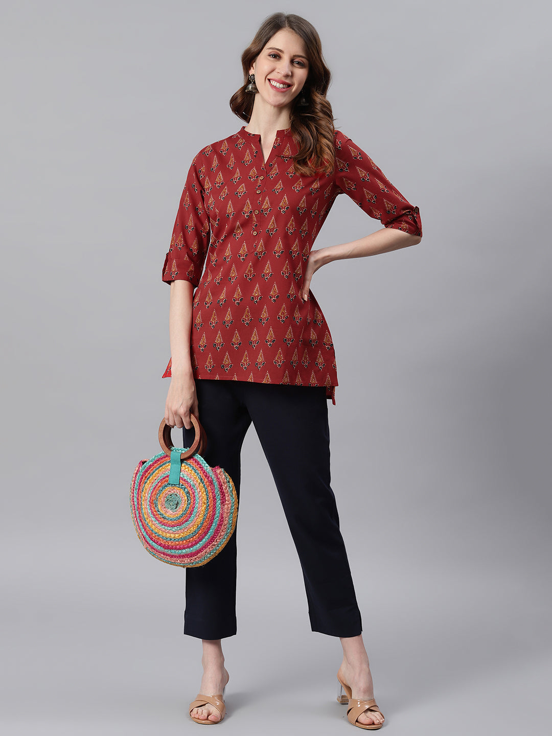 Red Cotton Ethnic Motifs Straight Tunic