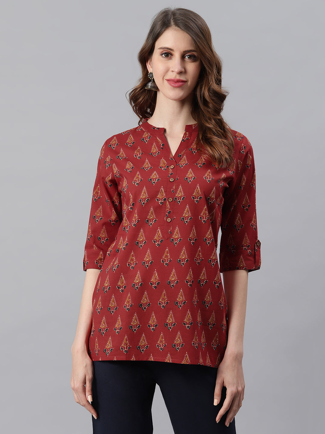 Red Cotton Ethnic Motifs Straight Tunic