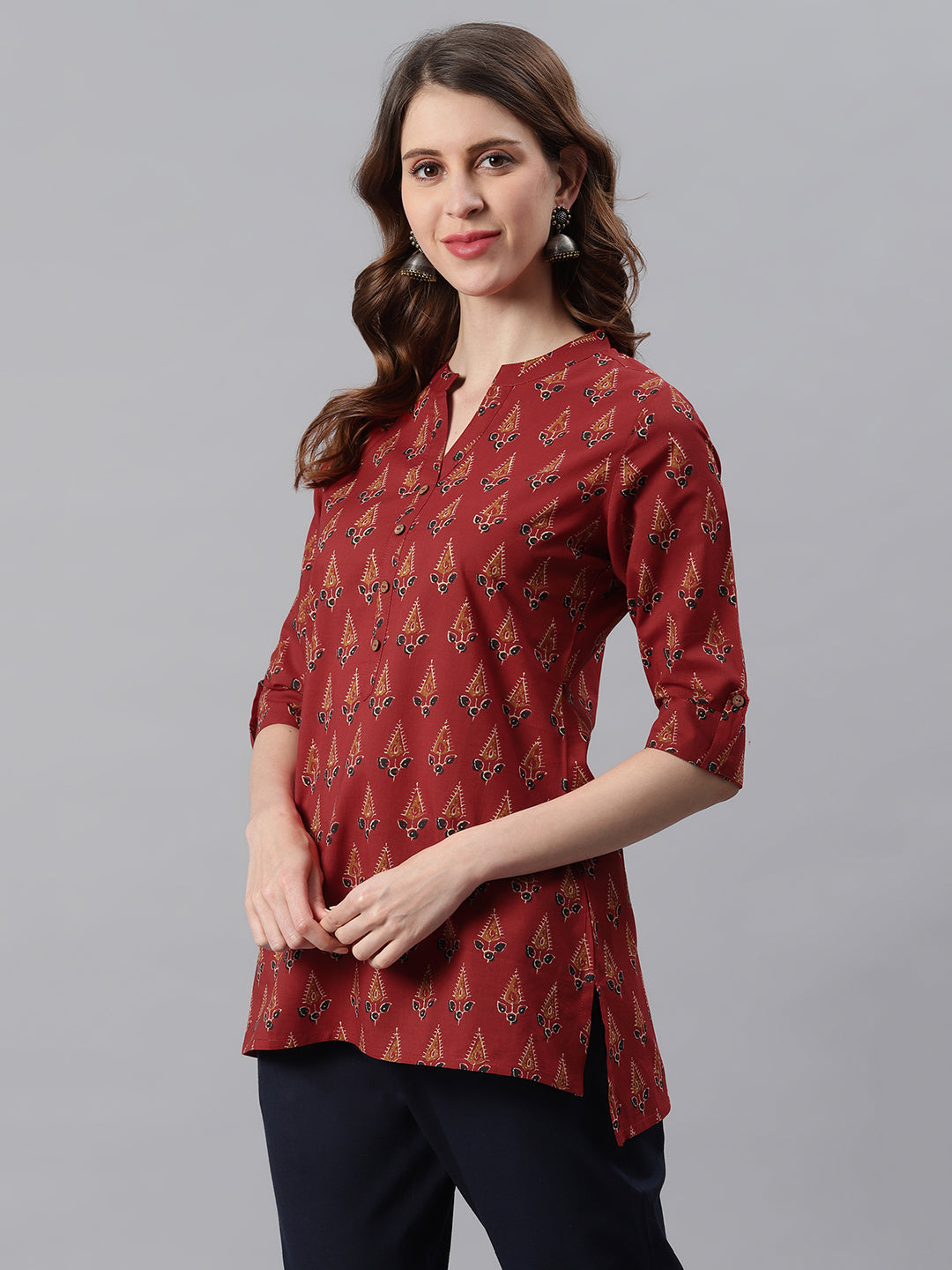 Red Cotton Ethnic Motifs Straight Tunic