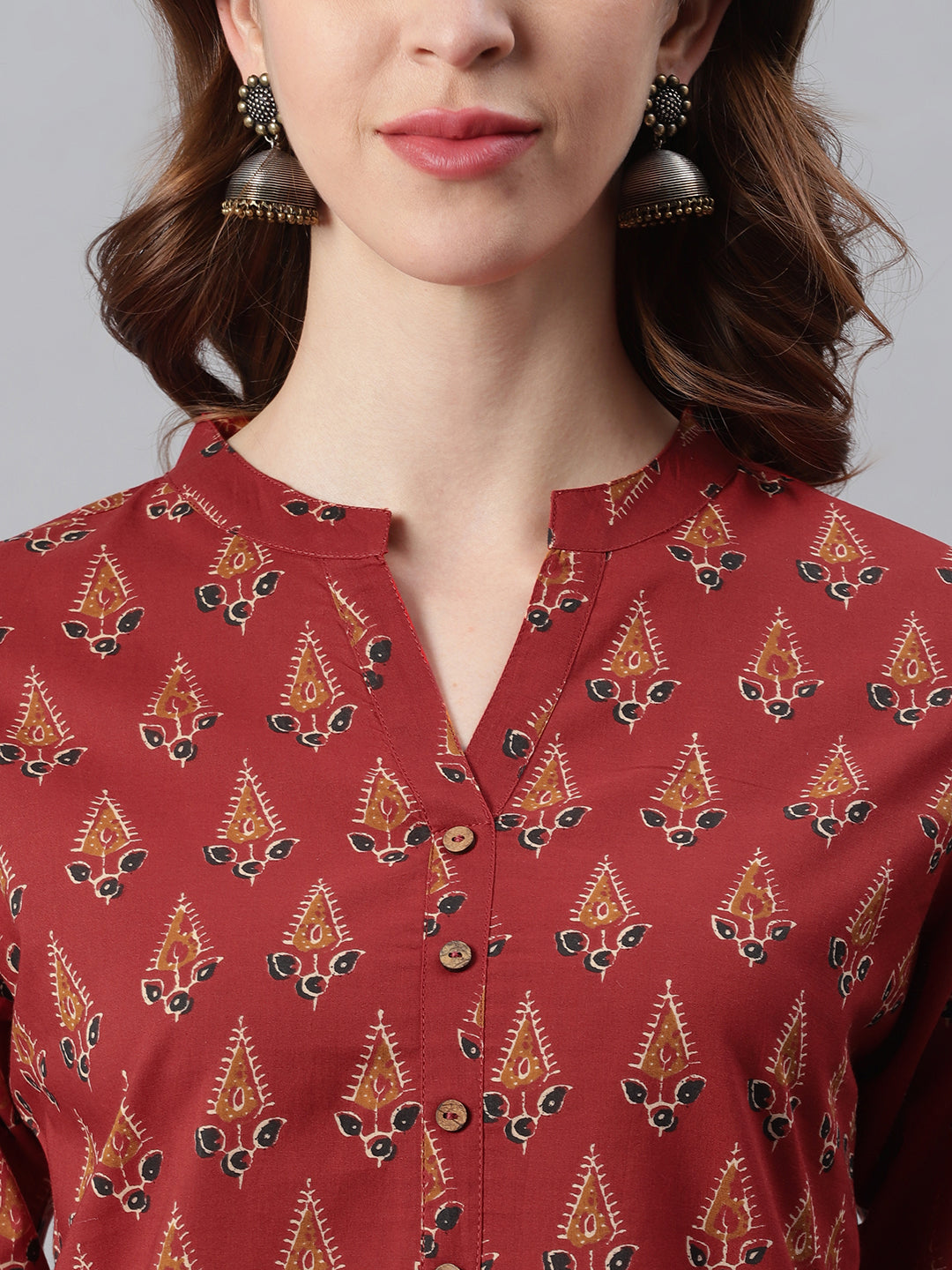 Red Cotton Ethnic Motifs Straight Tunic