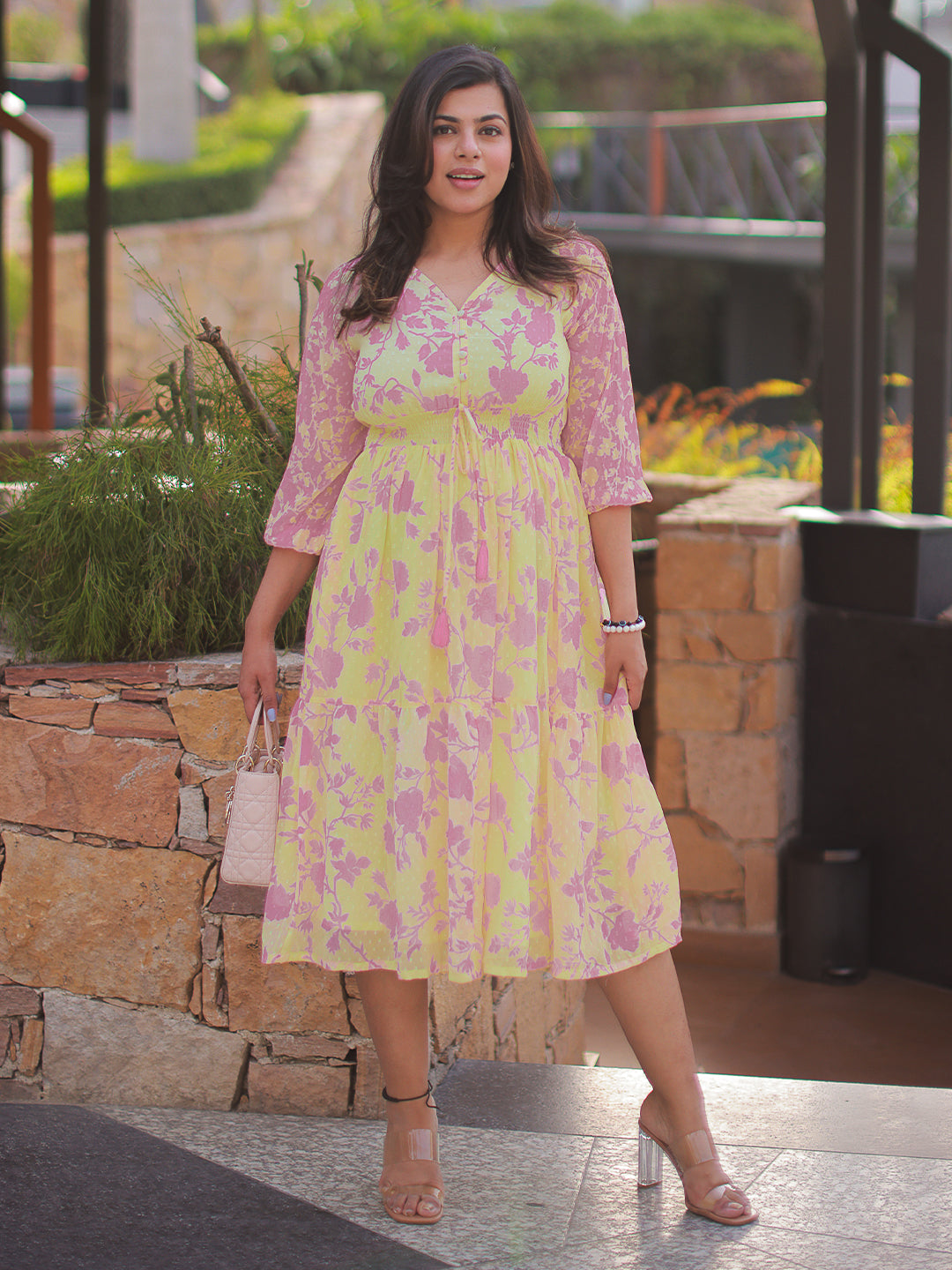 Light Yellow Dobby Georgette Floral Fit & Flare Dress