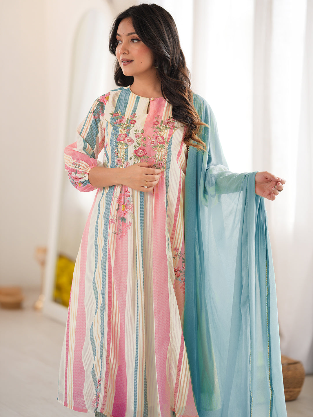 Cream Georgette Floral Embroidered A-Line Kurta Set