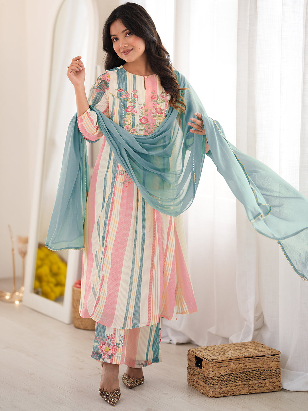 Cream Georgette Floral Embroidered A-Line Kurta Set