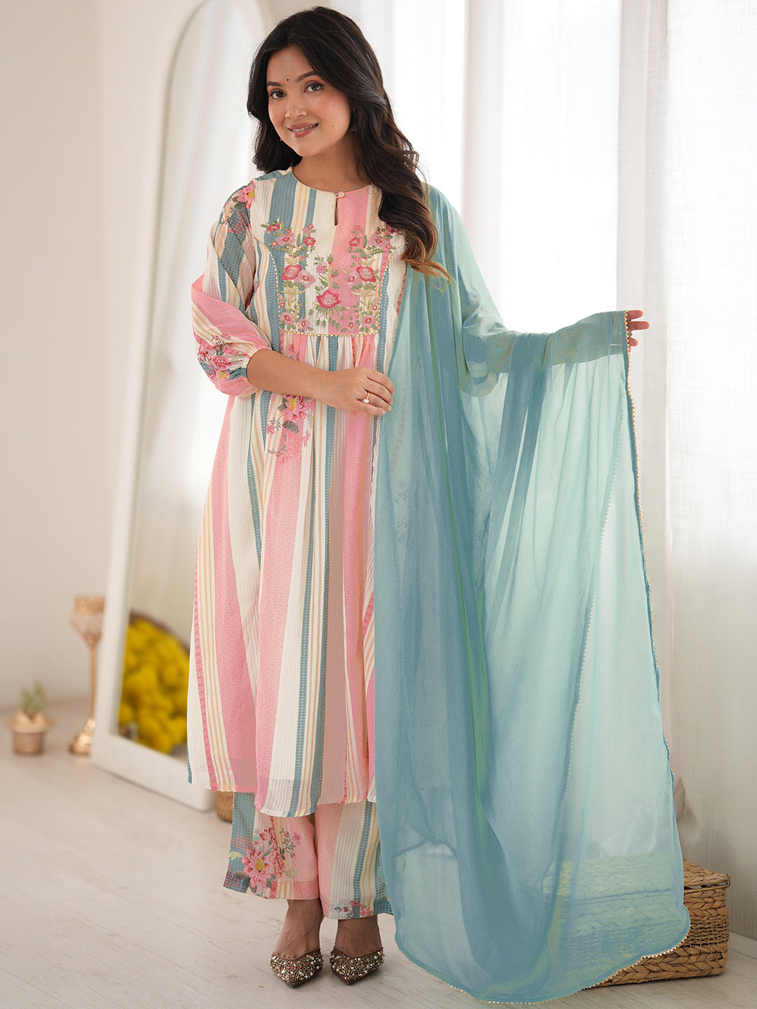 Cream Georgette Floral Embroidered A-Line Kurta Set