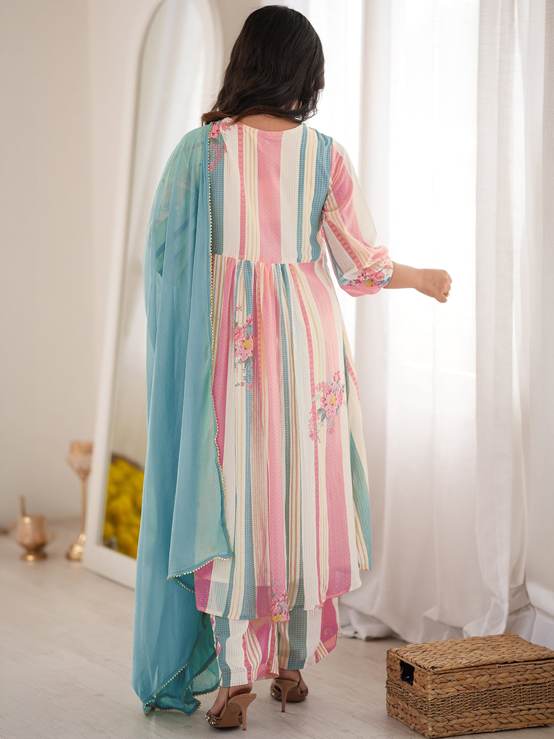 Cream Georgette Floral Embroidered A-Line Kurta Set
