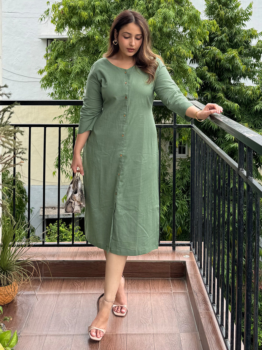Green Cotton Solid Straight Dress
