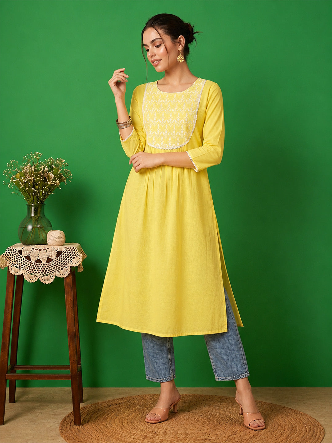 Janasya Women's Yellow Pure Cotton Yoke Embroidered A-Line Kurta