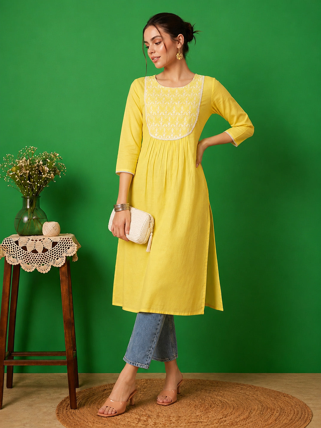 Janasya Women's Yellow Pure Cotton Yoke Embroidered A-Line Kurta