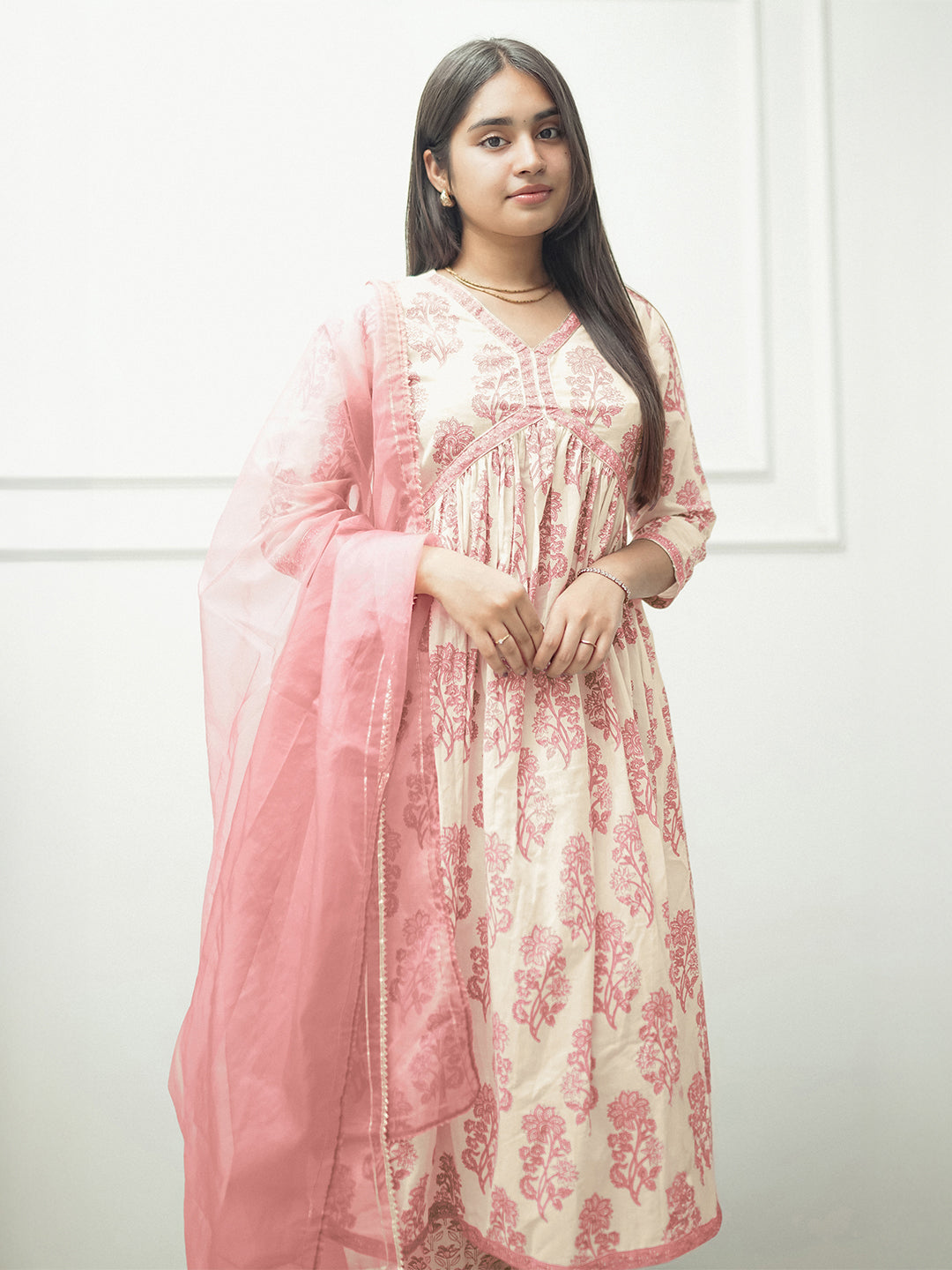Cream & Pink Pure Cotton Floral Printed A-line Kurta Set
