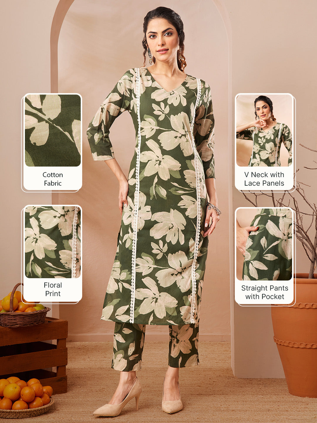 Janasya Women's Olive Pure Cotton Floral Printed Straight Kurta Pant Set