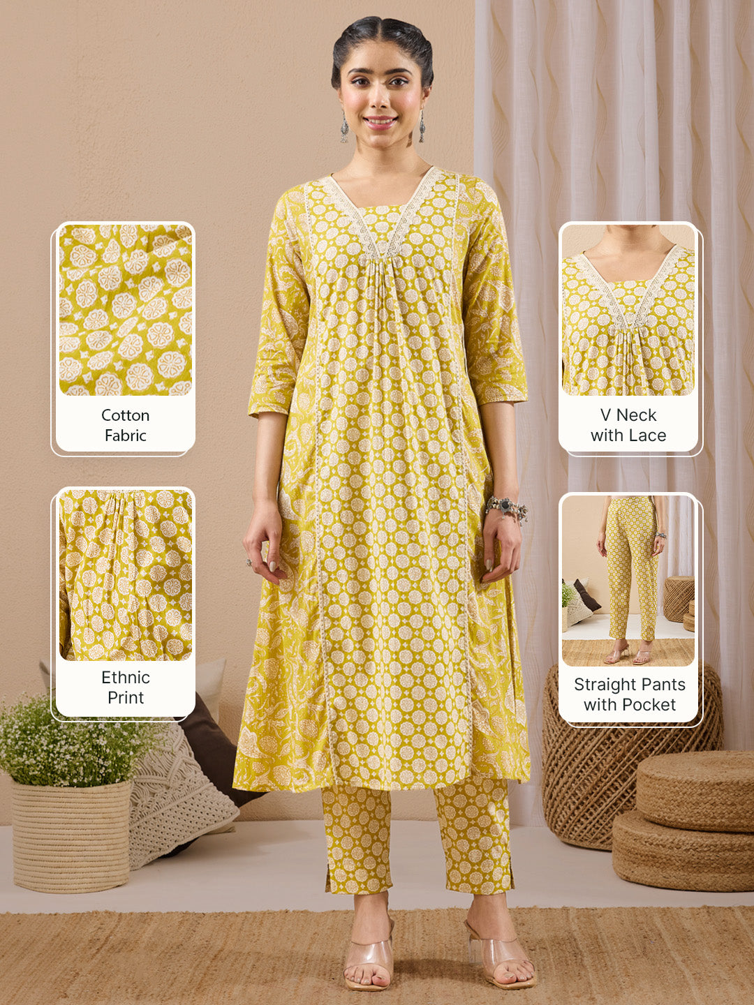 Janasya Women's Lime Yellow Pure Cotton Floral Printed A-line Kurta Pant Set
