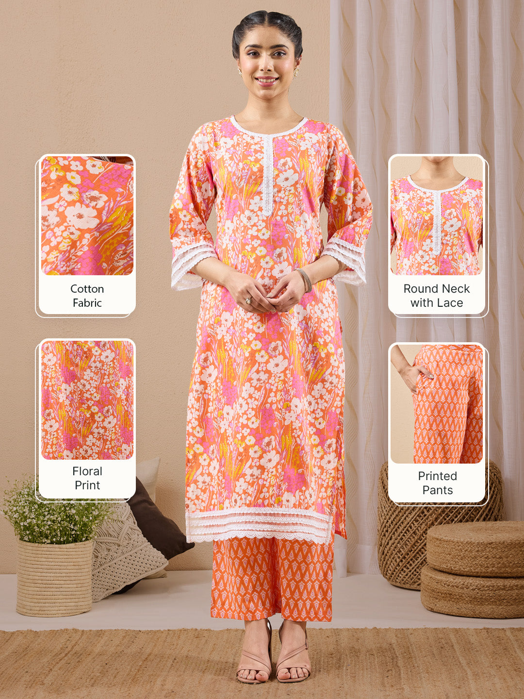 Janasya Women's Orange Pure Cotton Floral Printed Straight Kurta With Pant Set