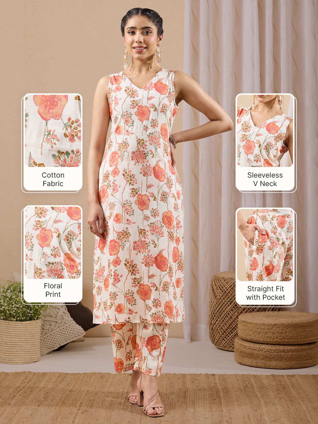 Janasya Women's Off White Pure Cotton Floral Printed Straight Kurta With Pant Set