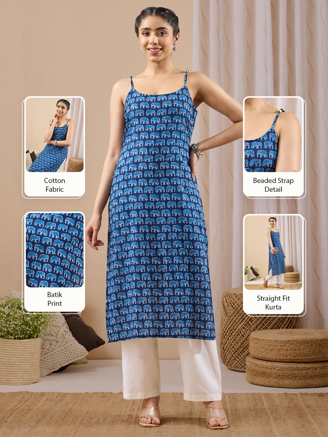 Janasya Women's Indigo Pure Cotton Animal Printed Straight Kurta