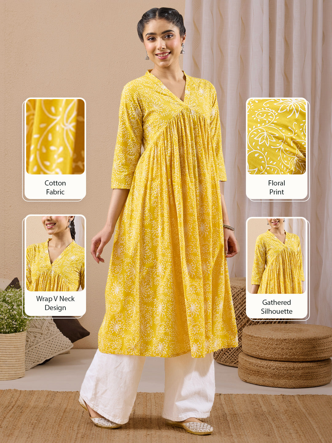 Janasya Women's Yellow Pure Cotton Floral Printed A-line Flared Kurta