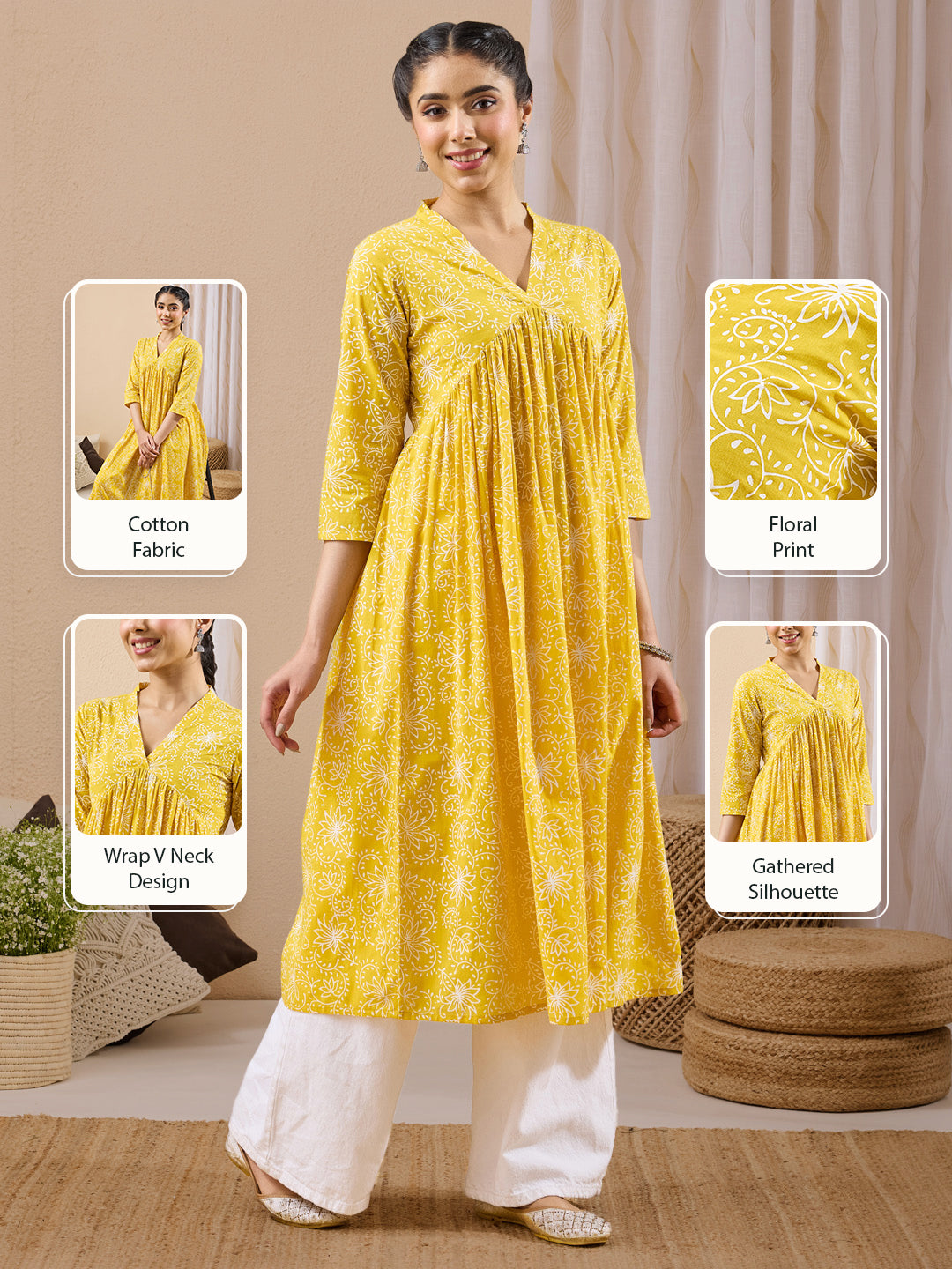 Janasya Women's Yellow Pure Cotton Floral Printed A-line Flared Kurta