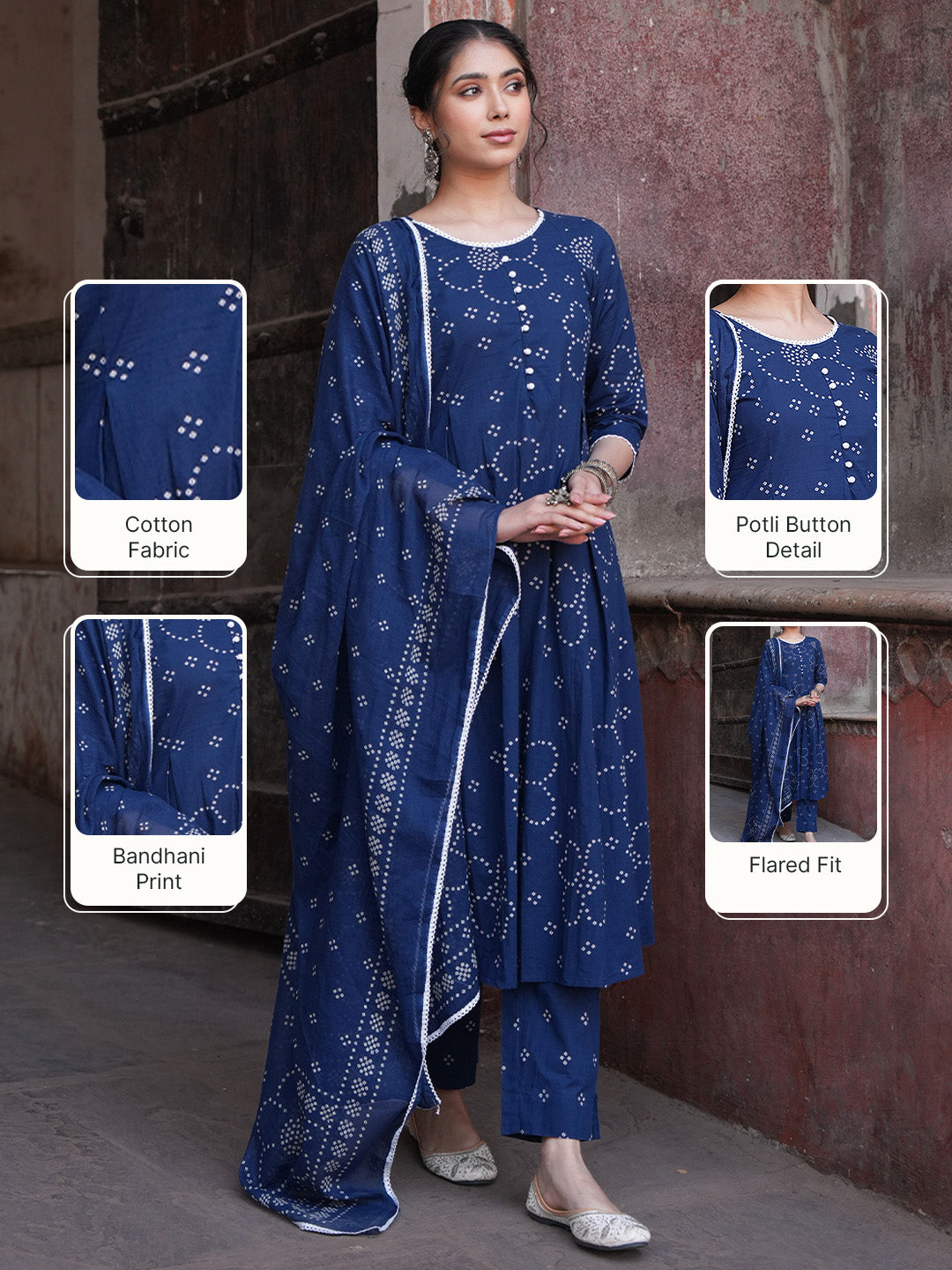 Janasya Women's Blue Pure Cotton Bandhani Printed A-line Kurta Set