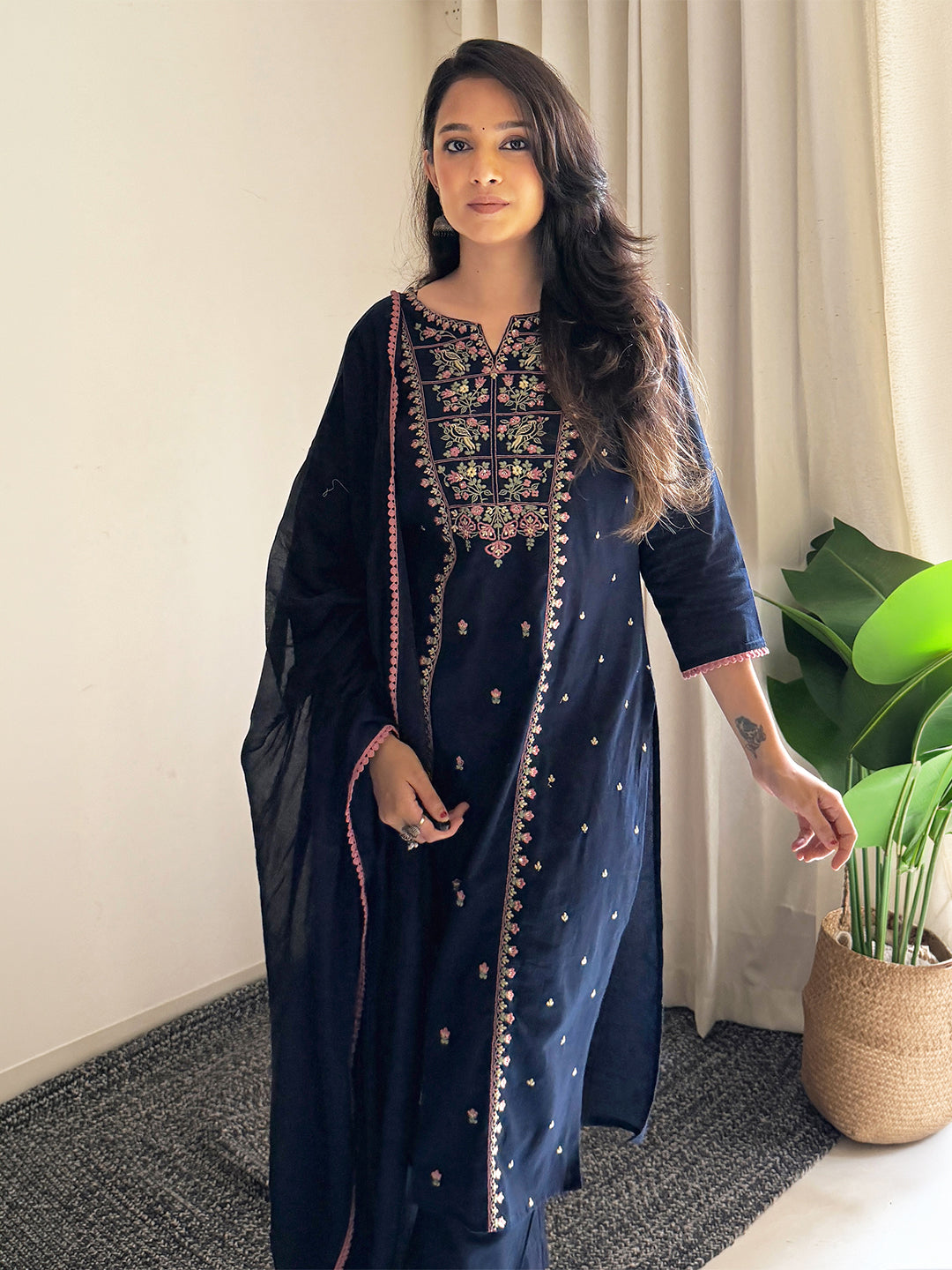 Janasya Women's Navy Blue Linen Cotton Embroidered Straight Kurta Set