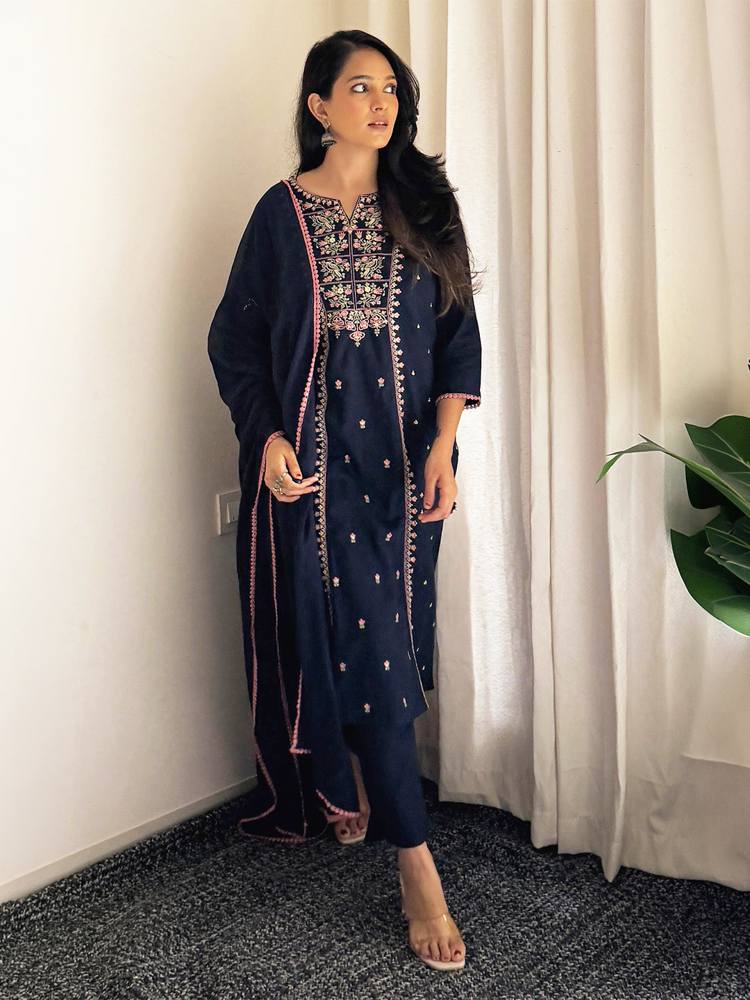 Janasya Women's Navy Blue Linen Cotton Embroidered Straight Kurta Set