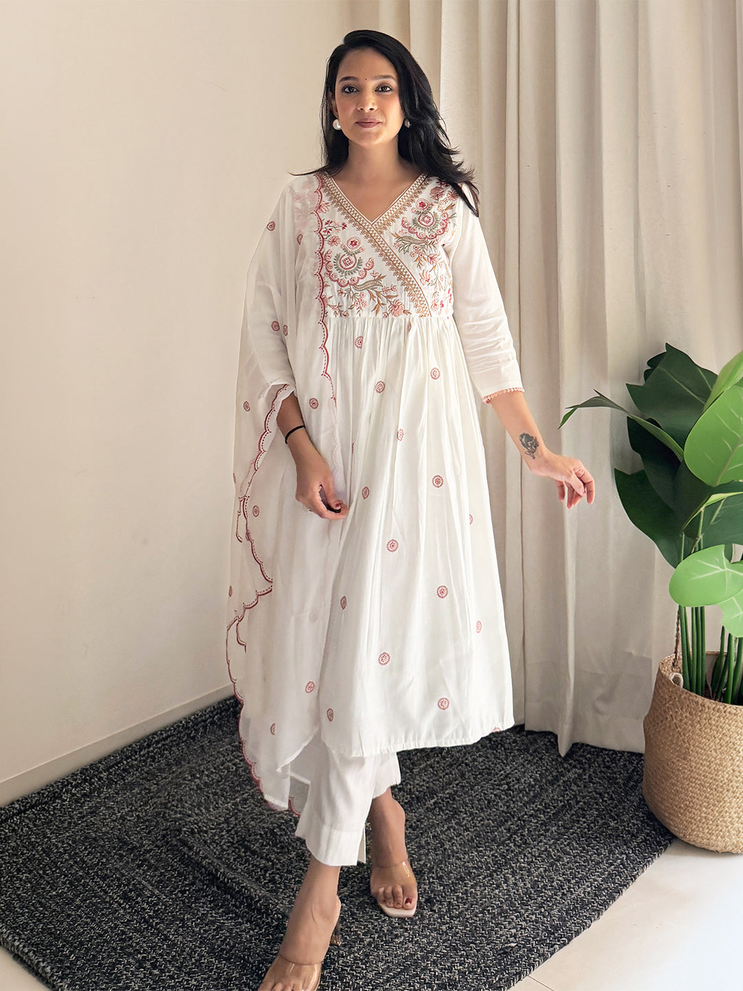 Janasya Women's Off White Chanderi Silk Floral Embroidered A-Line Kurta Set with Embroidered Dupatta
