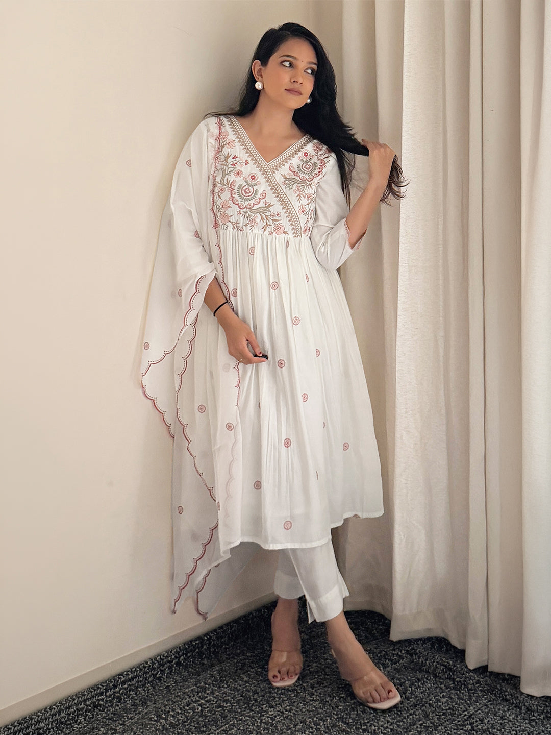 Janasya Women's Off White Chanderi Silk Floral Embroidered A-Line Kurta Set with Embroidered Dupatta
