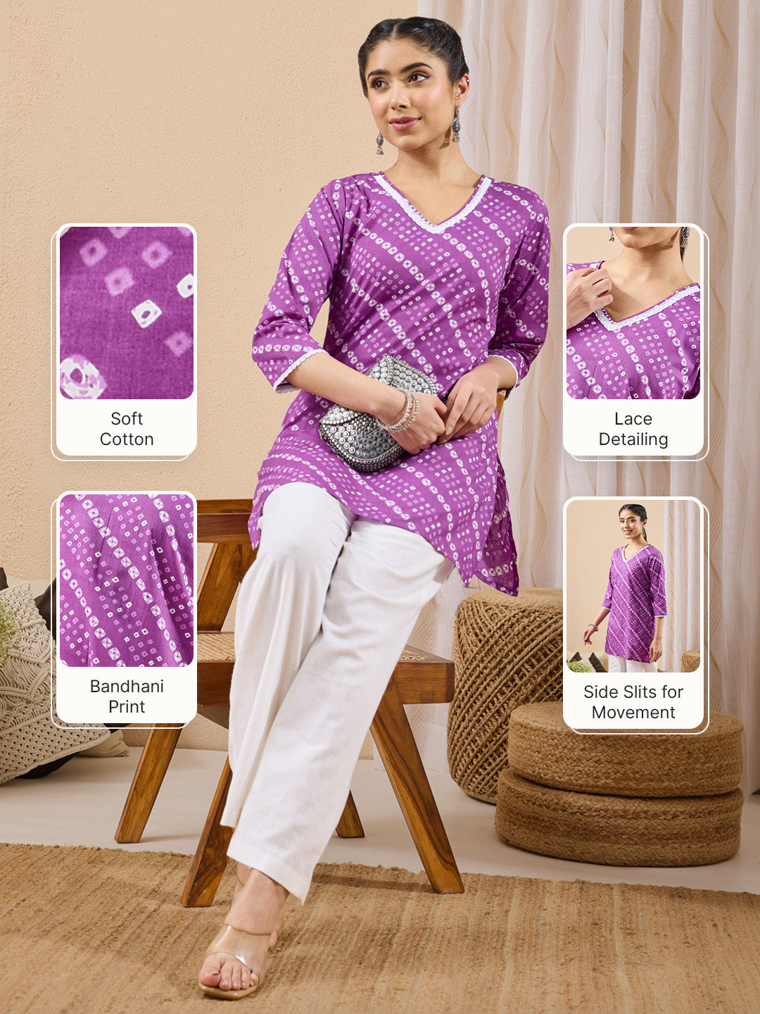 Janasya Women's Purple Pure Cotton Bandhani Printed Straight Tunic
