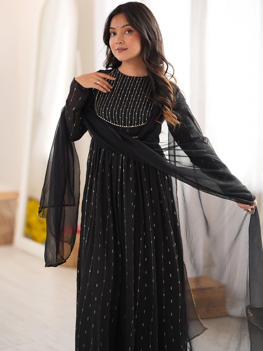 Black Georgette Foil Printed Anarkali Kurta Set