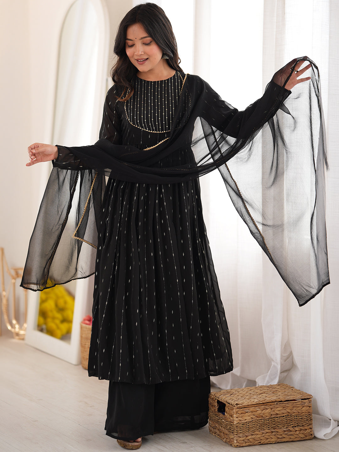 Black Georgette Foil Printed Anarkali Kurta Set