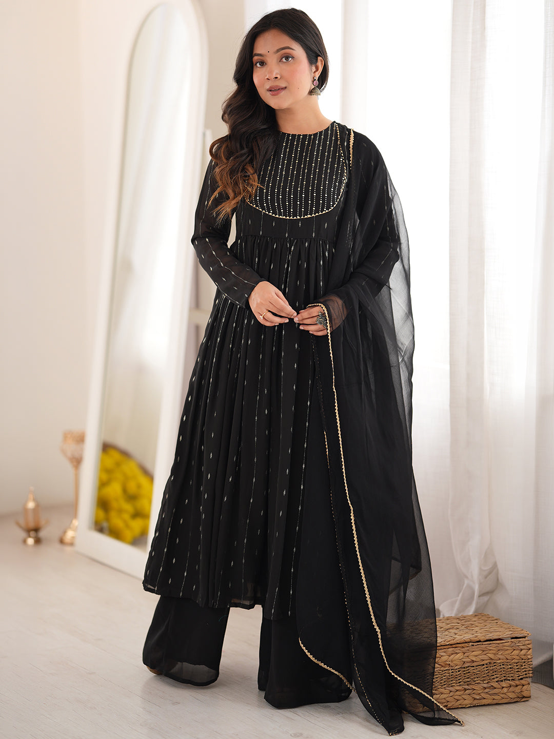 Black Georgette Foil Printed Anarkali Kurta Set