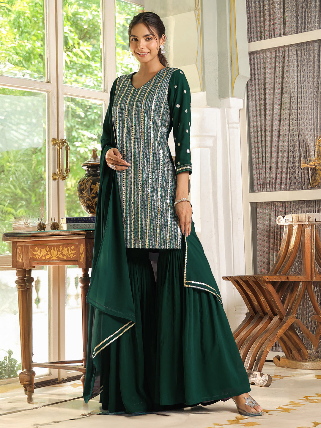 Bottle Green Georgette Sequined Straight Kurta with Sharara & Dupatta Set